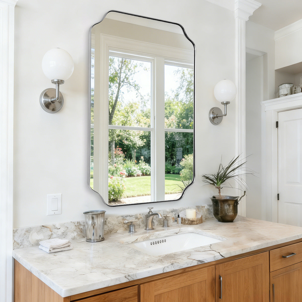 Modern Cut Corner Rectangle Scalloped Mirror for Wall /Bathroom | Stainless Steel Frame