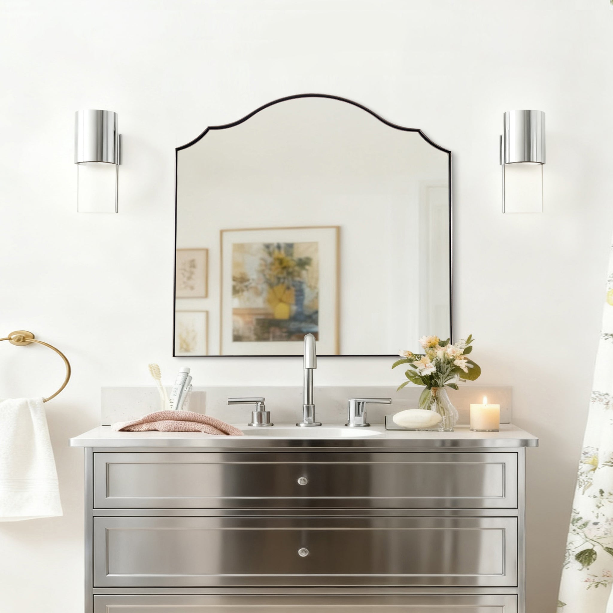 Contemporary Arched Curved Scalloped Mirror Bathroom Vanity Mirror | Stainless Steel Frame