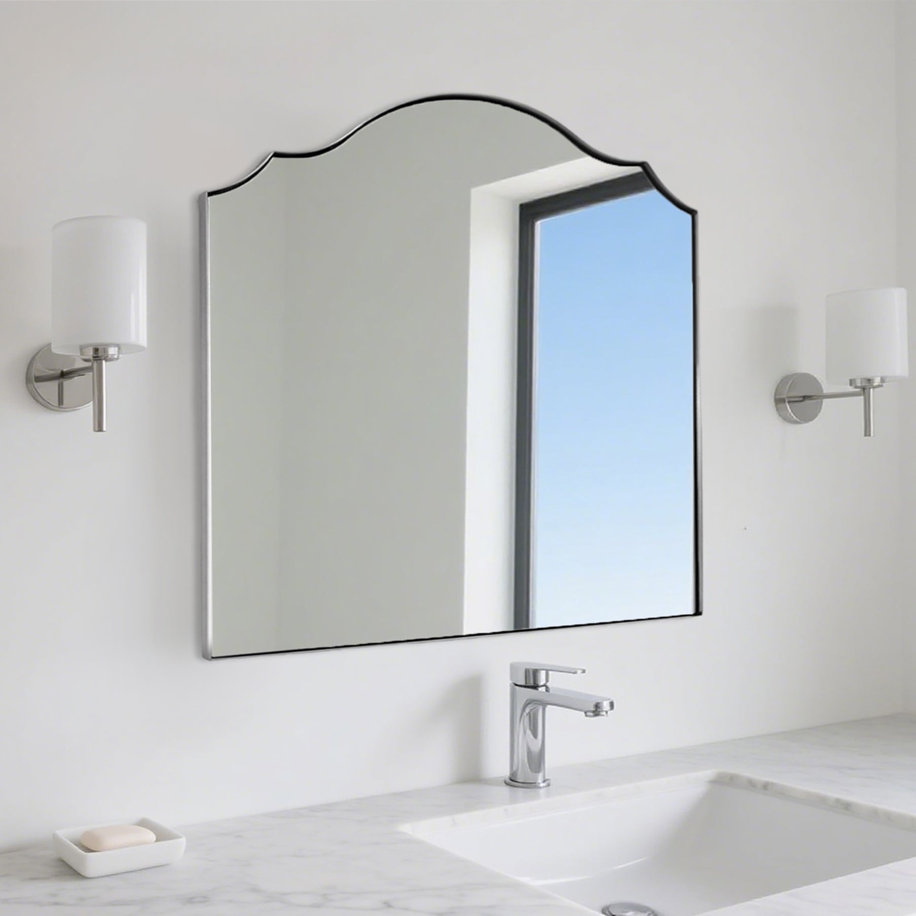 Contemporary Scalloped Arched Curved Mirror Bathroom Wall Mirror | Stainless Steel Frame