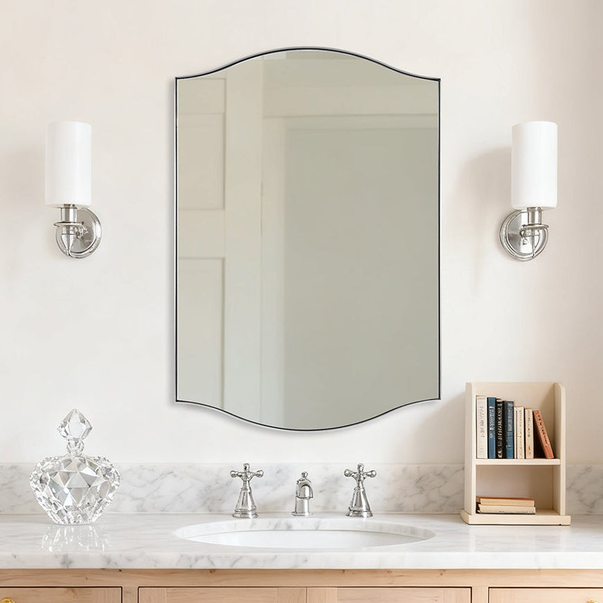 Dual Curve Arch Rectangular Scalloped  Bathroom Wall Mirror |Stainless Steel Framed