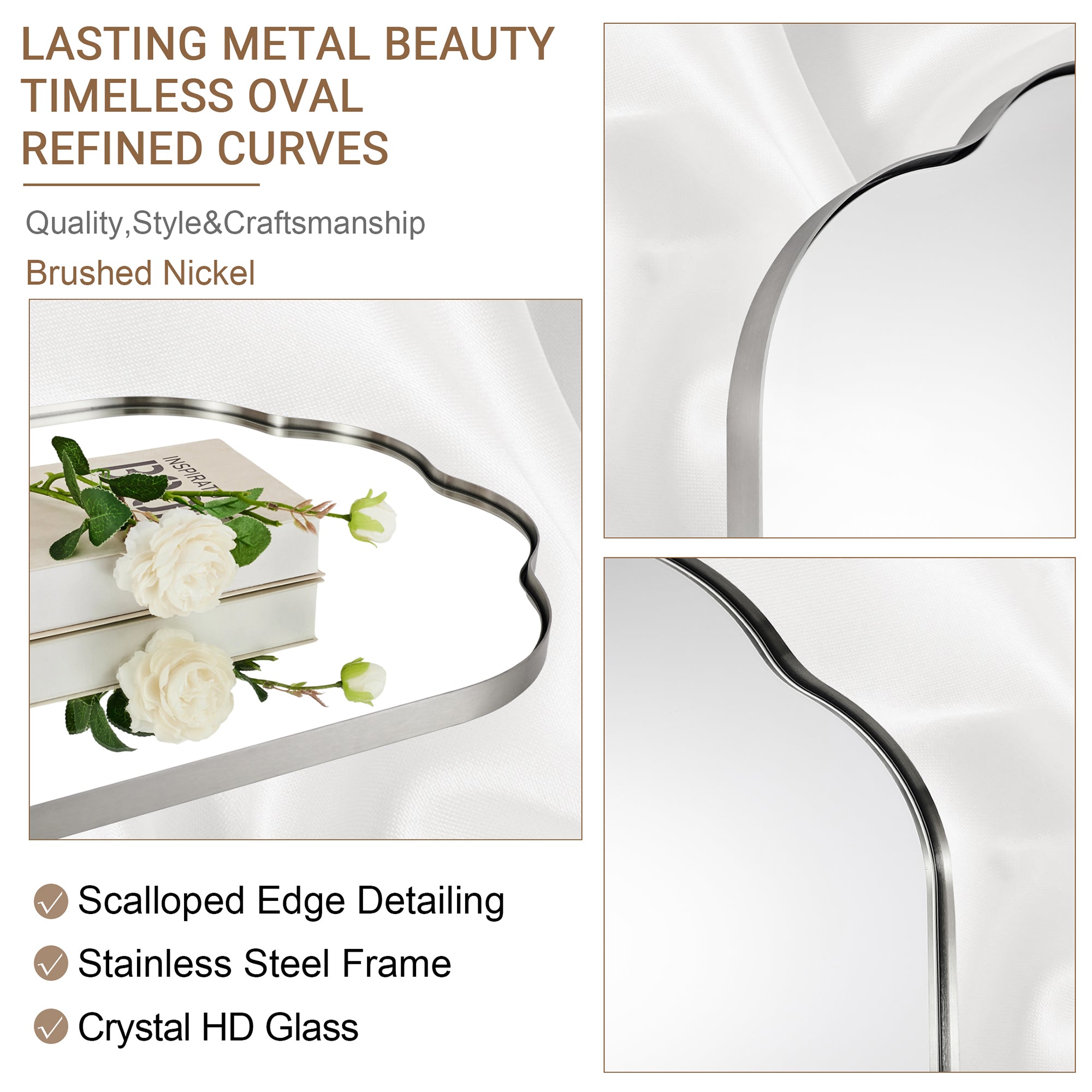 Contemporary Pill Shaped Long Oval Scalloped Bathroom Vanity Wall Mirror| Stainless Steel Framed