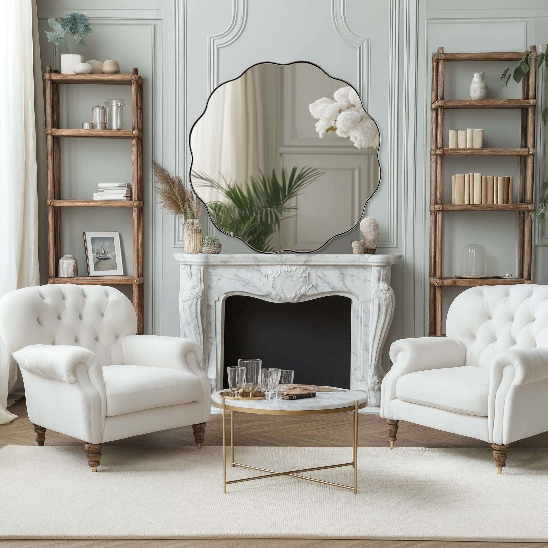 Contemporary Round Scalloped Mirror Wavy Circle Bathroom Vanity Mirror | Stainless Steel Frame