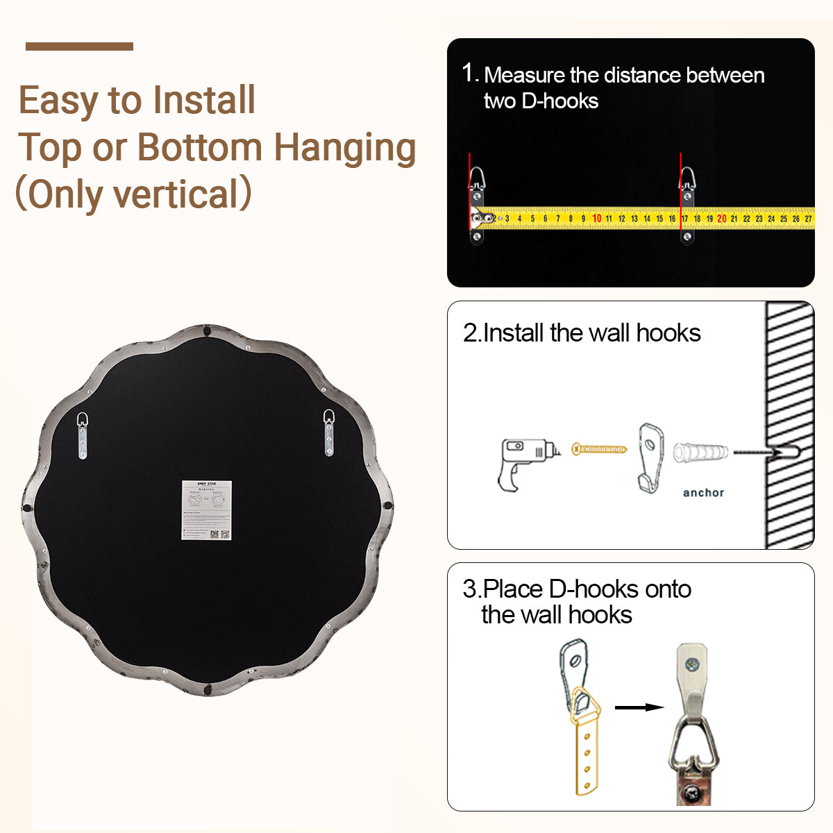 Contemporary Round Scalloped Mirror Wavy Circle Bathroom Vanity Mirror | Stainless Steel Frame