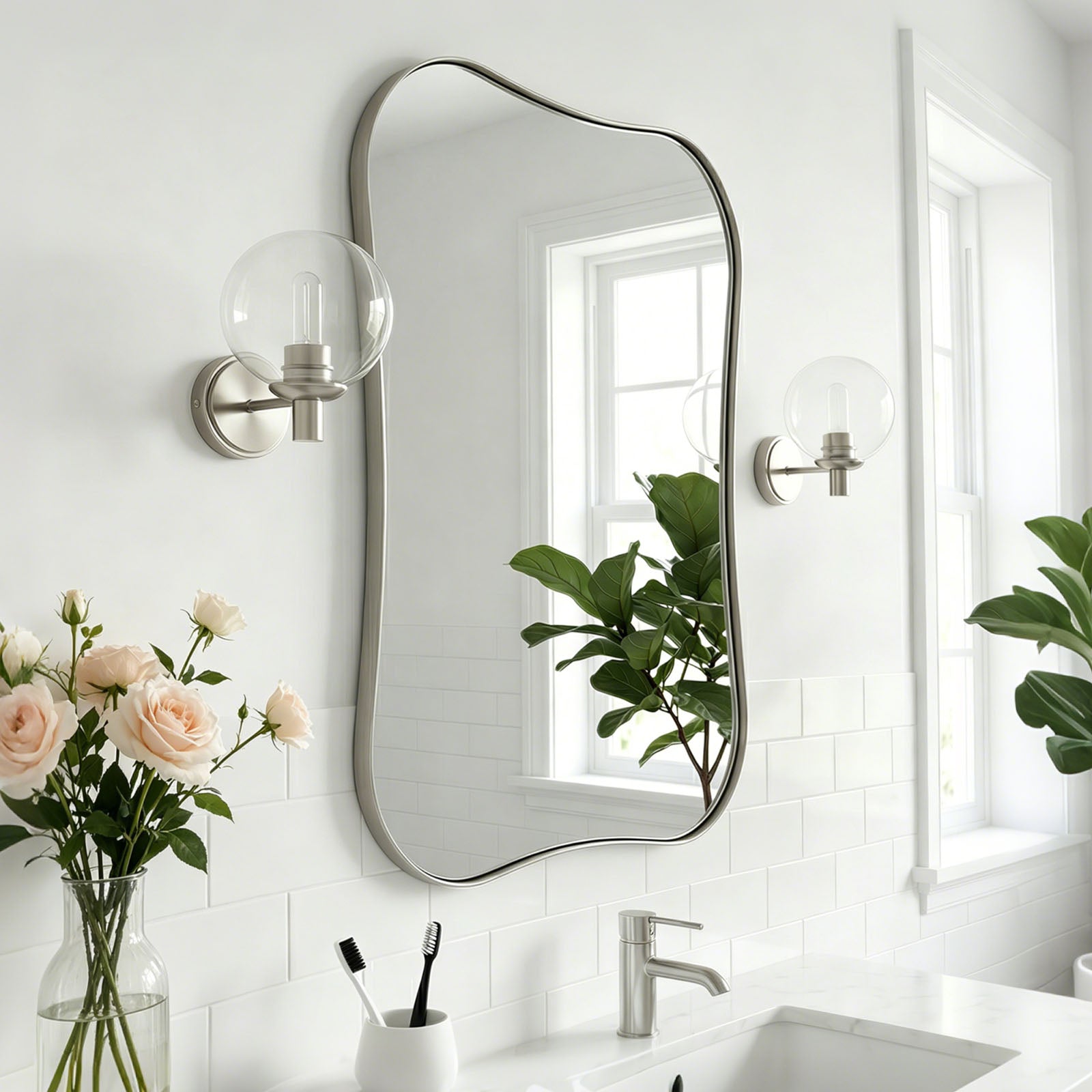 Contemporary Dual Concave Edge Rouded Scalloped Rectangle Wall Mirror | Stainless Steel Frame