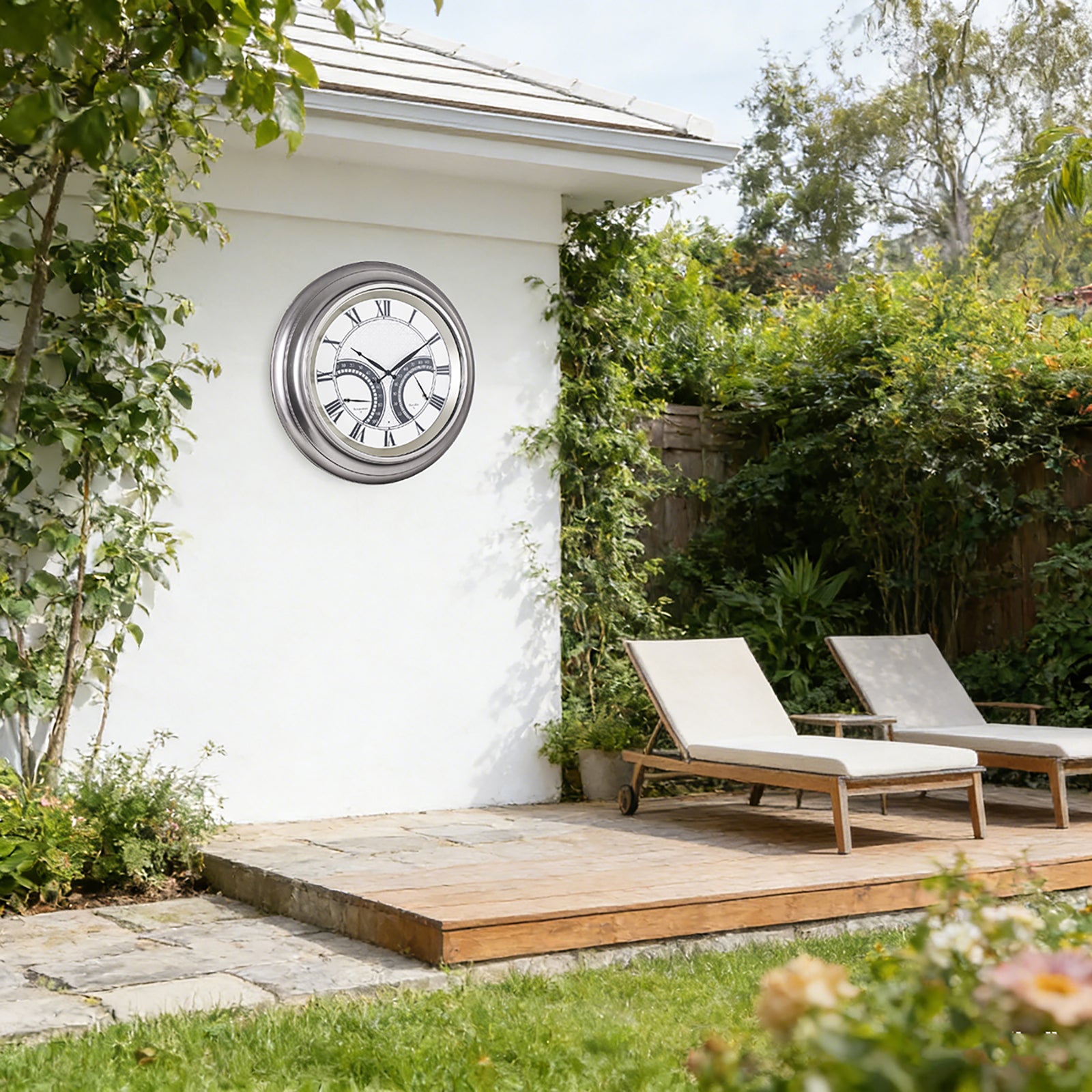 24 Inch Outdoor Wall Clock Large Waterproof Illuminated Clock with Thermometer,Geometric Dial