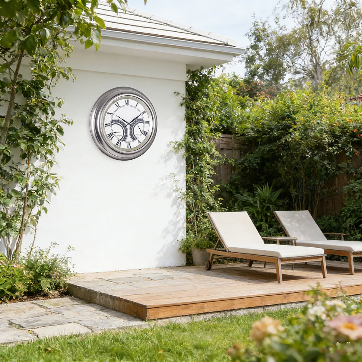 24 Inch Outdoor Wall Clock Large Waterproof Illuminated Clock with Thermometer,Geometric Dial