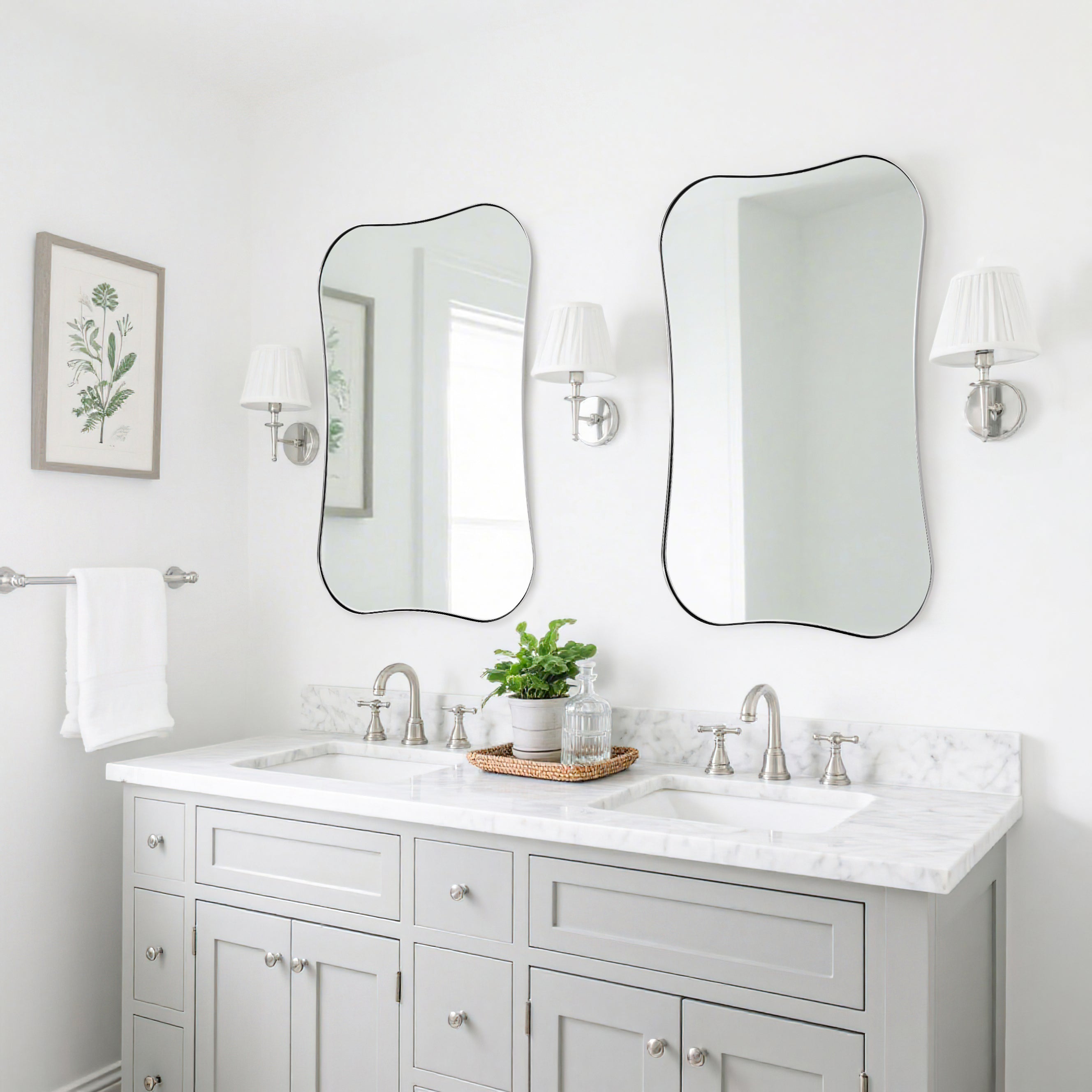 Contemporary Dual Concave Edge Rouded Scalloped Rectangle Wall Mirror | Stainless Steel Frame