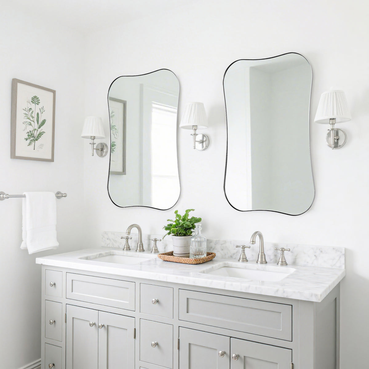 Contemporary Dual Concave Edge Rouded Scalloped Rectangle Wall Mirror | Stainless Steel Frame