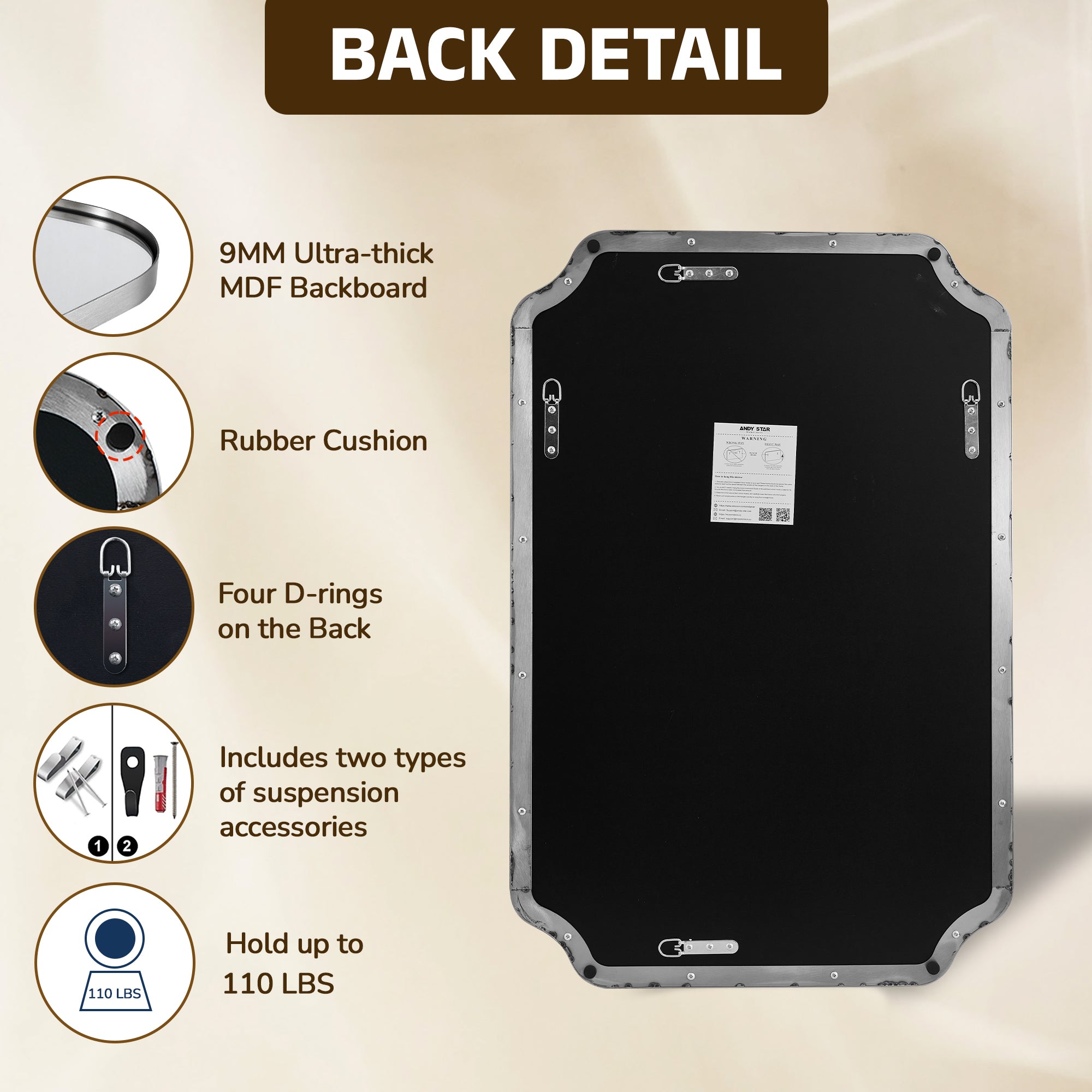 Contemporary Notched Corner Rectangle Scalloped Mirror for Wall /Bathroom | Stainless Steel Frame