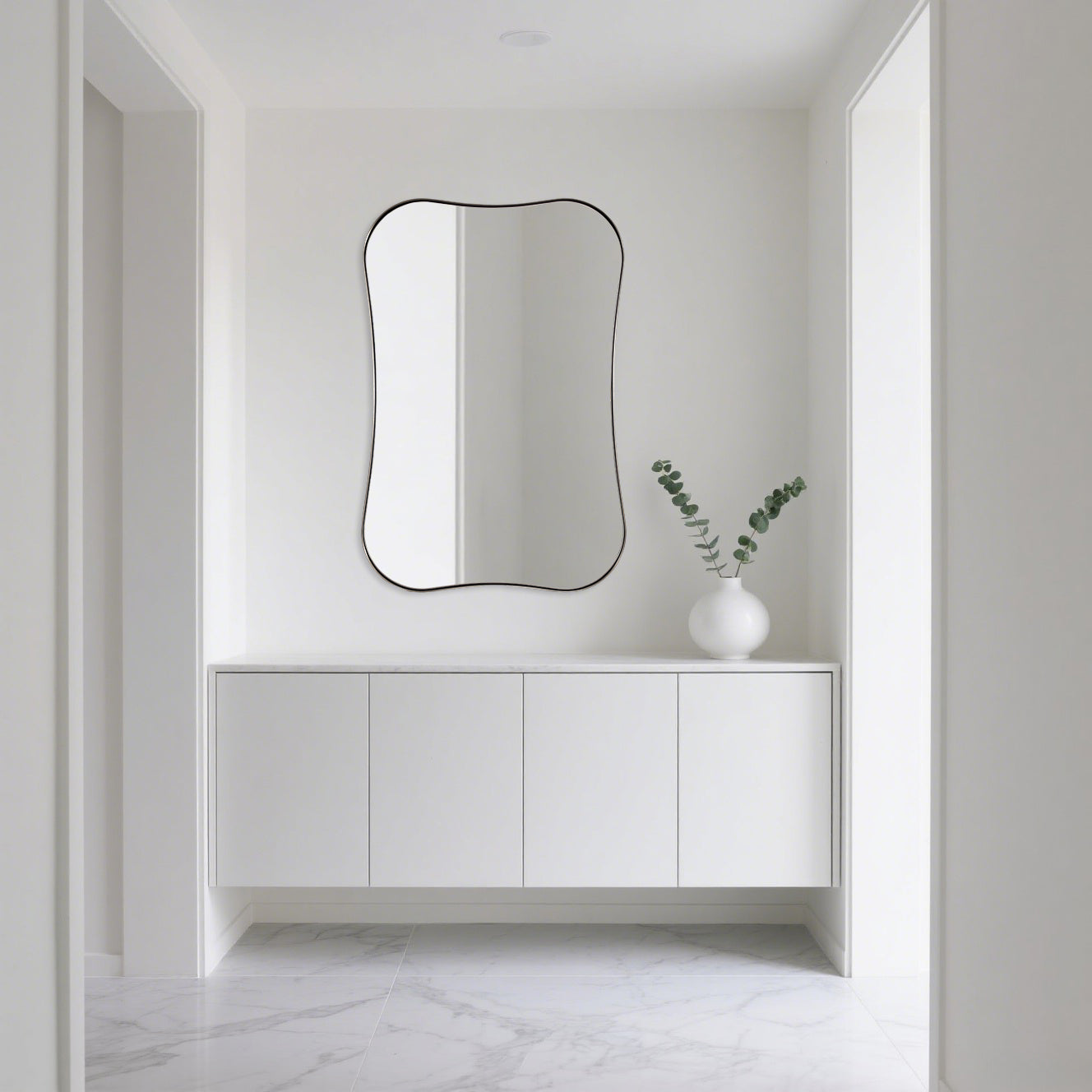 Contemporary Dual Concave Edge Rouded Scalloped Rectangle Wall Mirror | Stainless Steel Frame