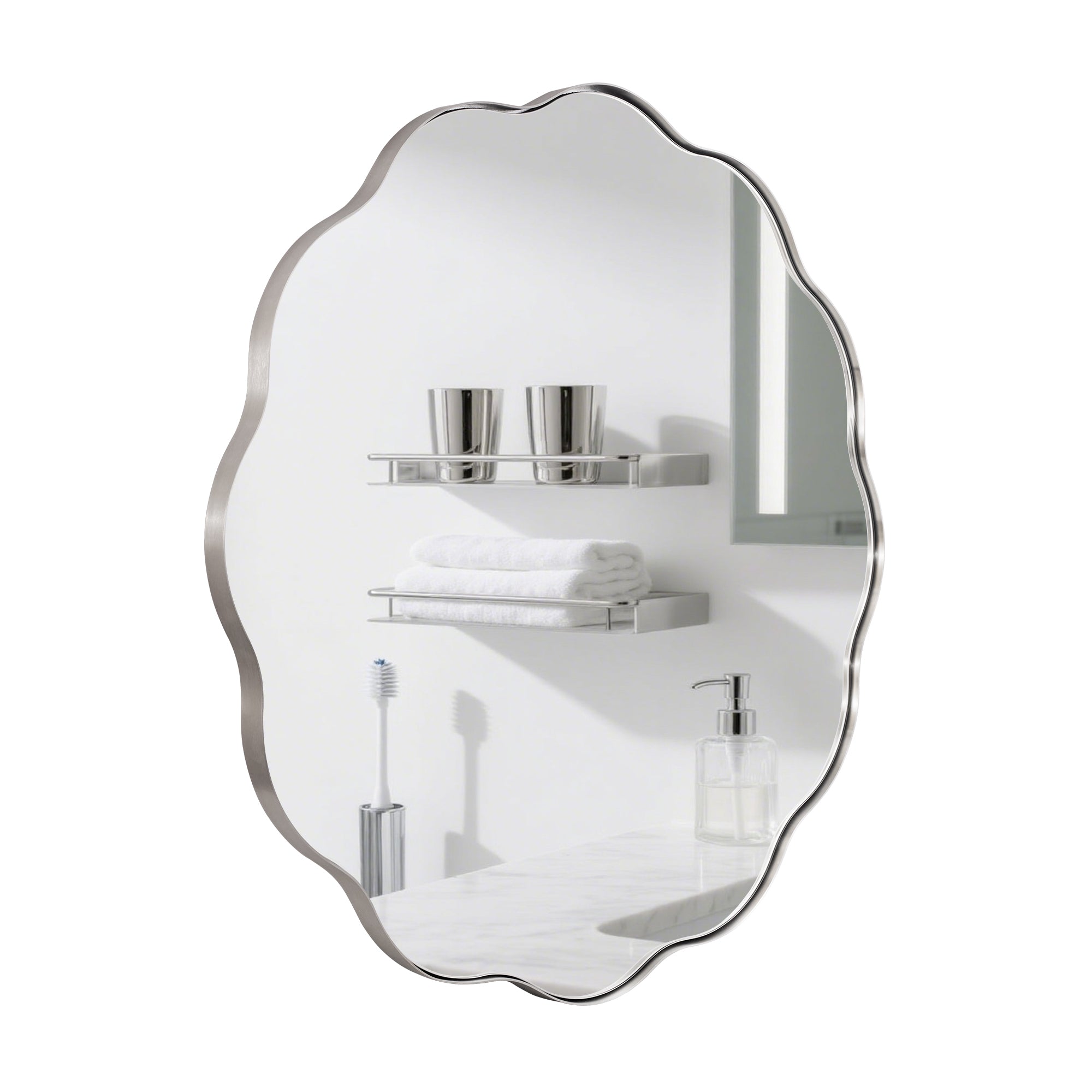 Contemporary Round Scalloped Mirror Wavy Circle Bathroom Vanity Mirror | Stainless Steel Frame