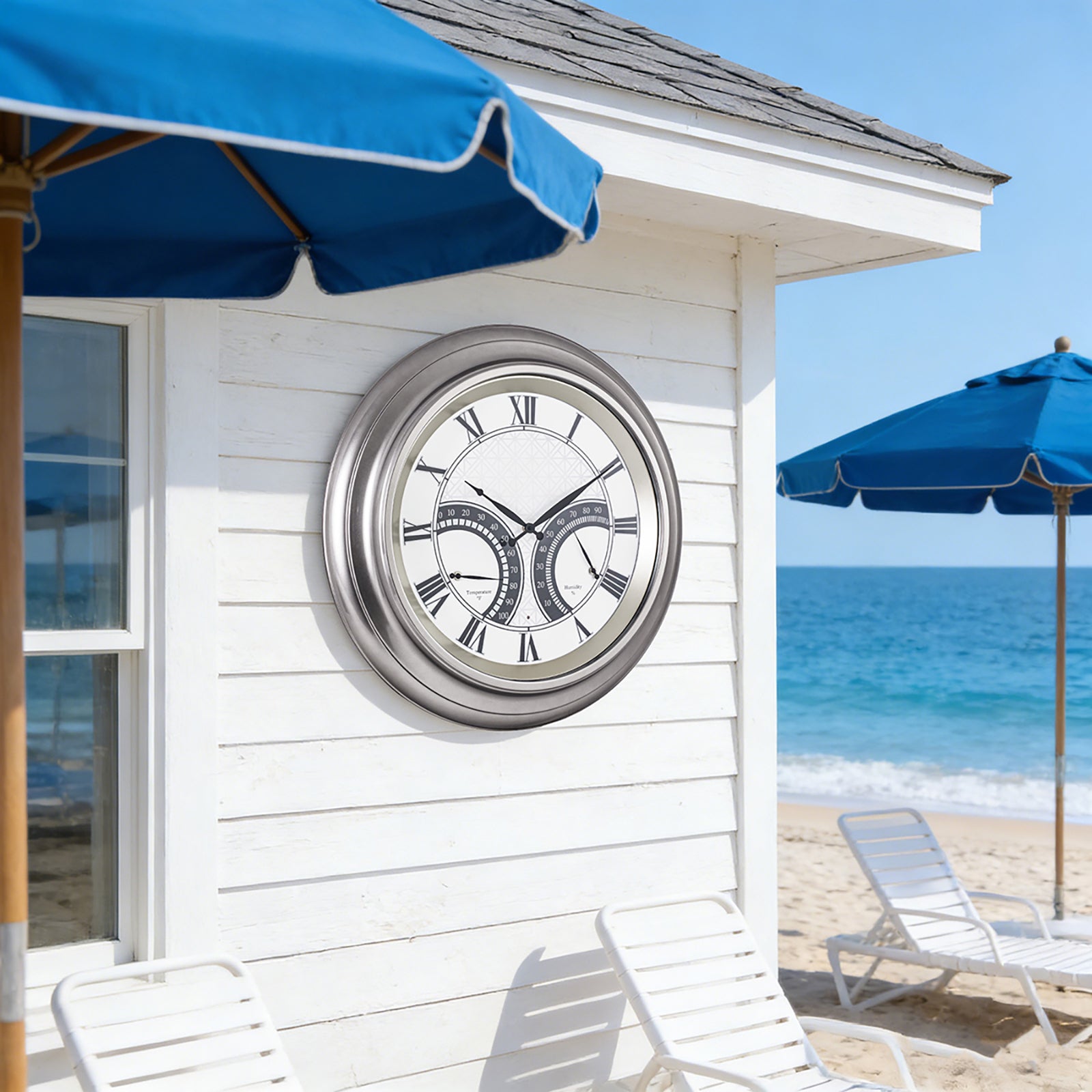 24 Inch Outdoor Wall Clock Large Waterproof Illuminated Clock with Thermometer,Geometric Dial