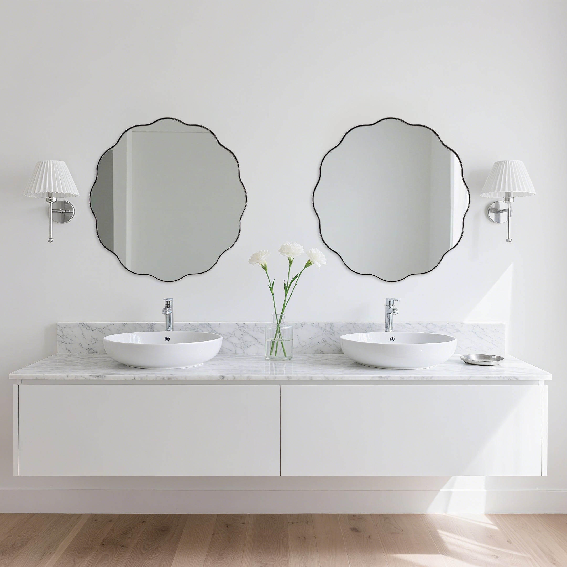 Contemporary Round Scalloped Mirror Wavy Circle Bathroom Vanity Mirror | Stainless Steel Frame