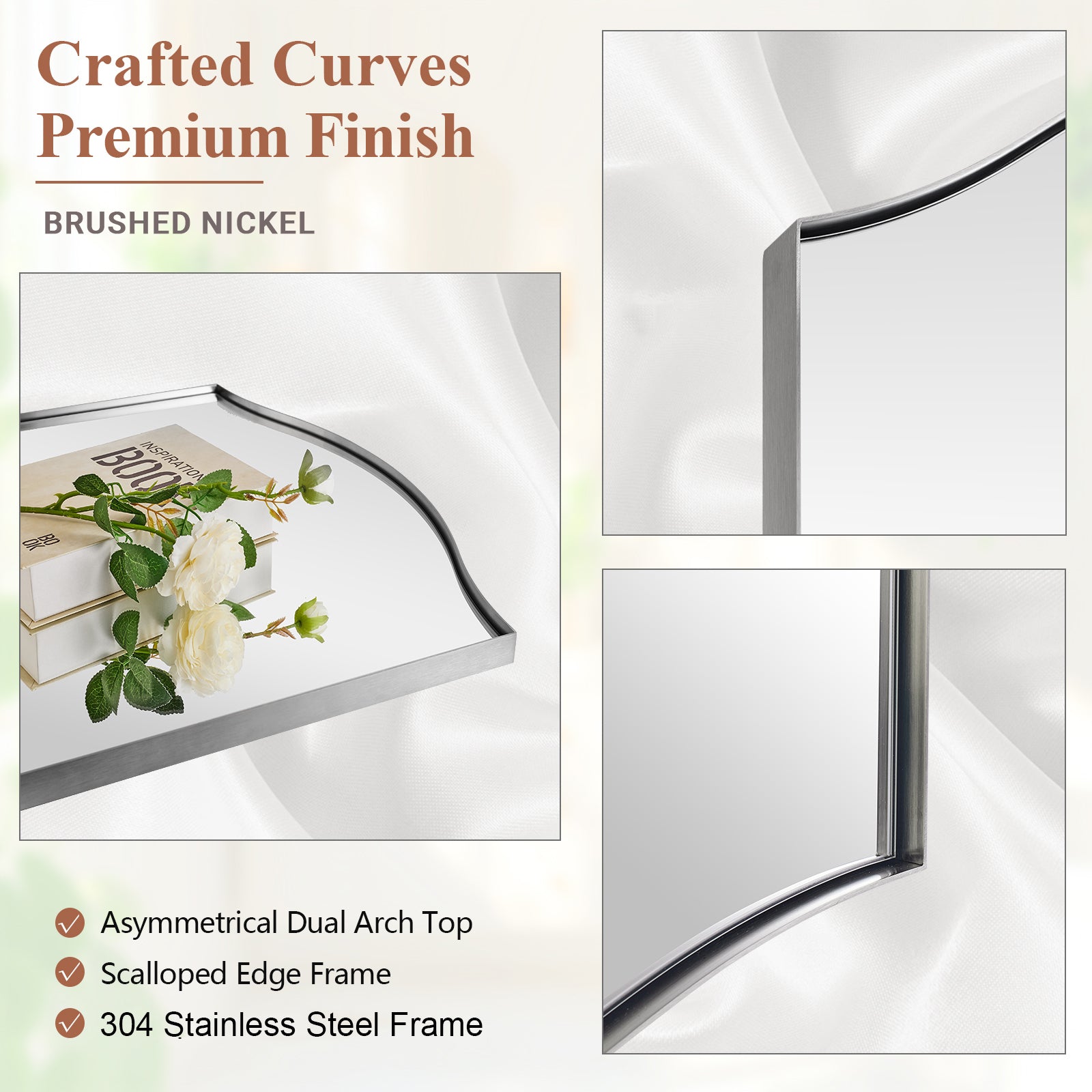 Dual Curve Arch Rectangular Scalloped  Bathroom Wall Mirror |Stainless Steel Framed