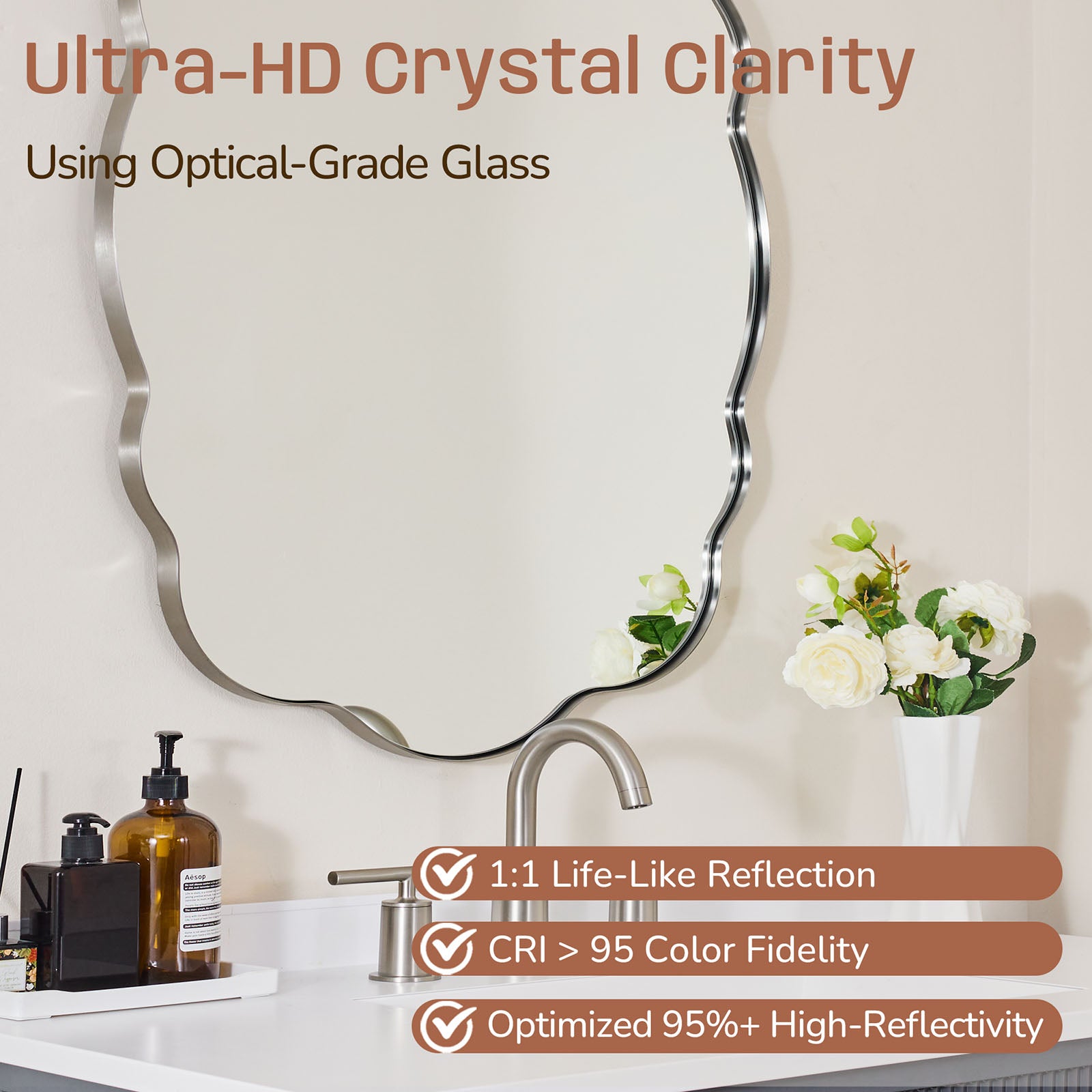 Contemporary Wavy Oval Scalloped Bathroom Vanity Mirror Irregular Organic Mirror| Stainless Steel Framed