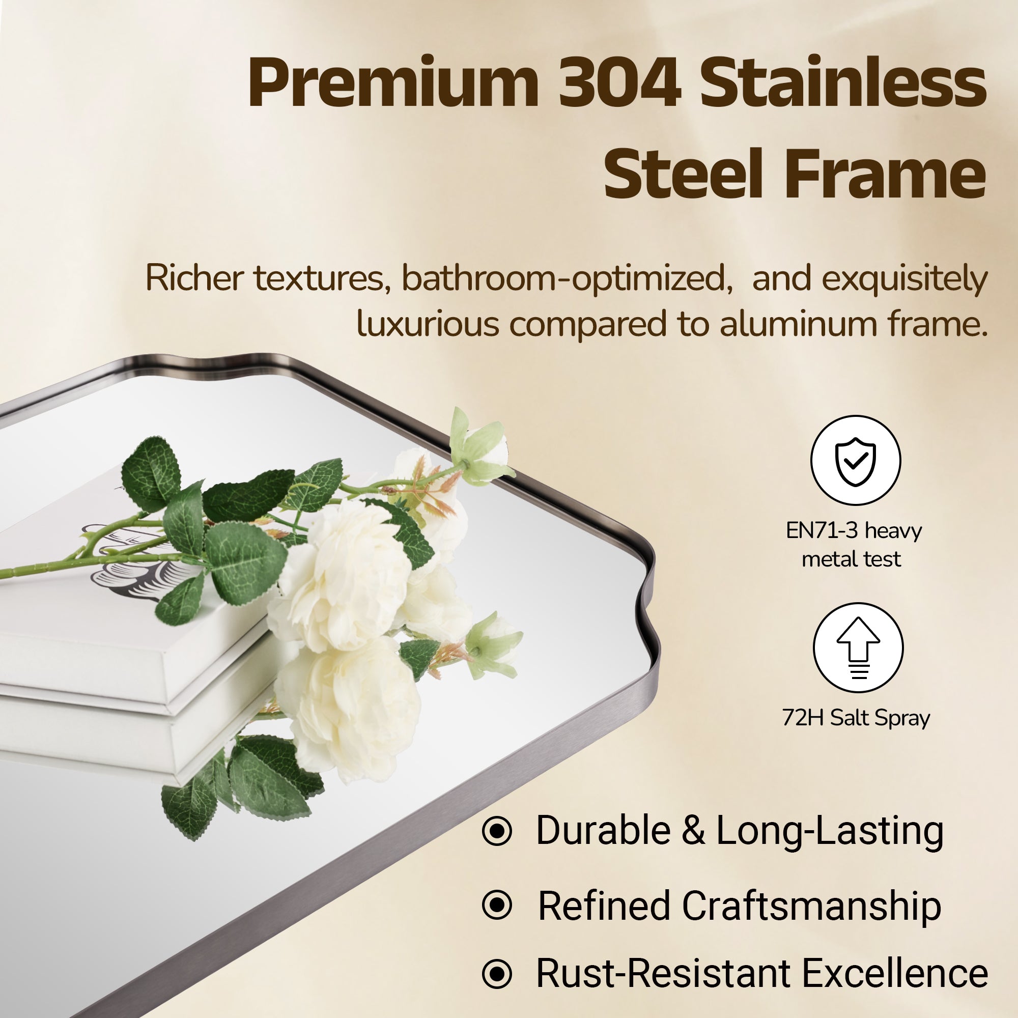 Contemporary Notched Corner Rectangle Scalloped Mirror for Wall /Bathroom | Stainless Steel Frame