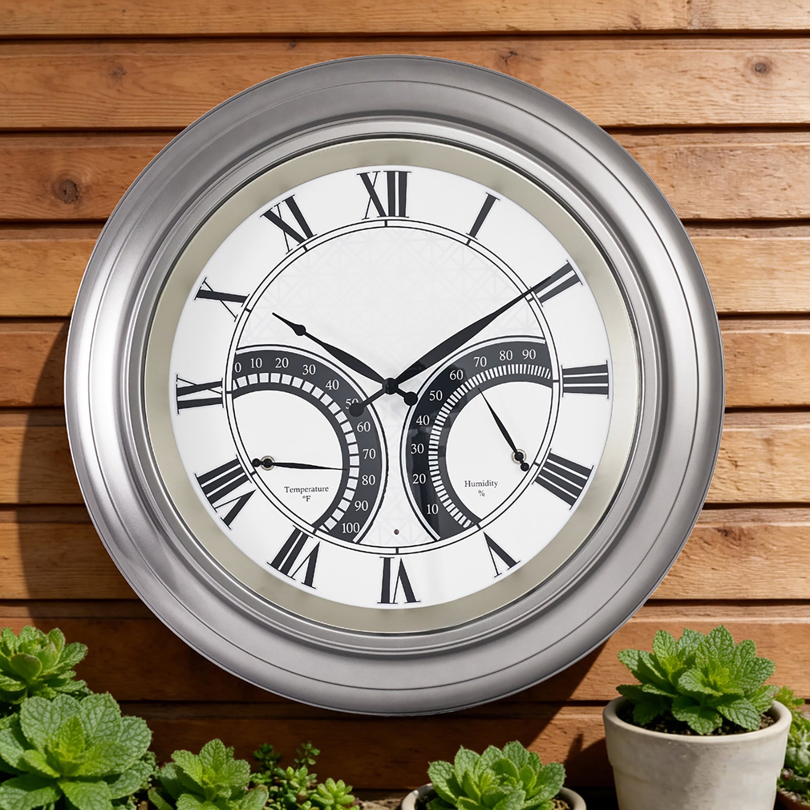 24 Inch Outdoor Wall Clock Large Waterproof Illuminated Clock with Thermometer,Geometric Dial
