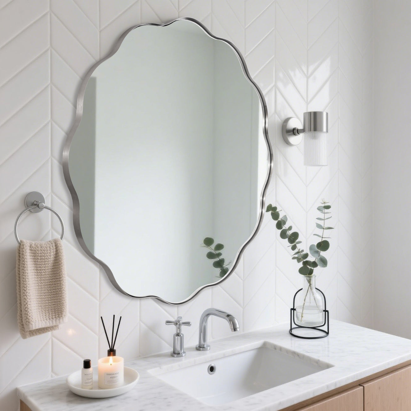 Contemporary Round Scalloped Mirror Wavy Circle Bathroom Vanity Mirror | Stainless Steel Frame