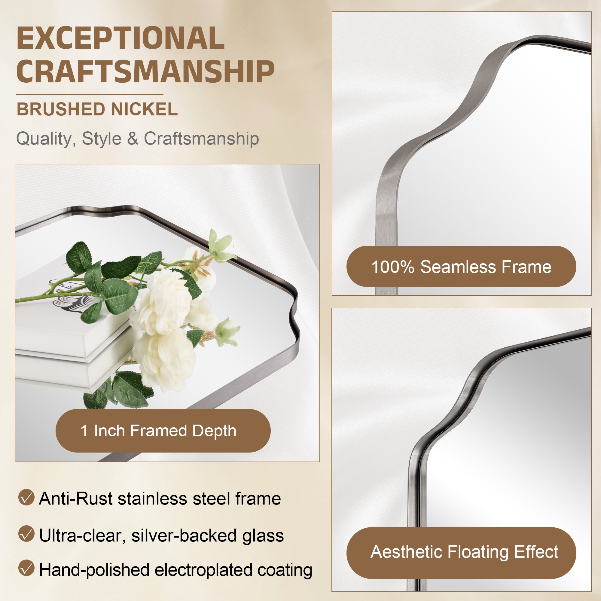 Open Box Like New:Notched Corner Irregular Scalloped Rectangle Mirrors | Stainless Steel Frame