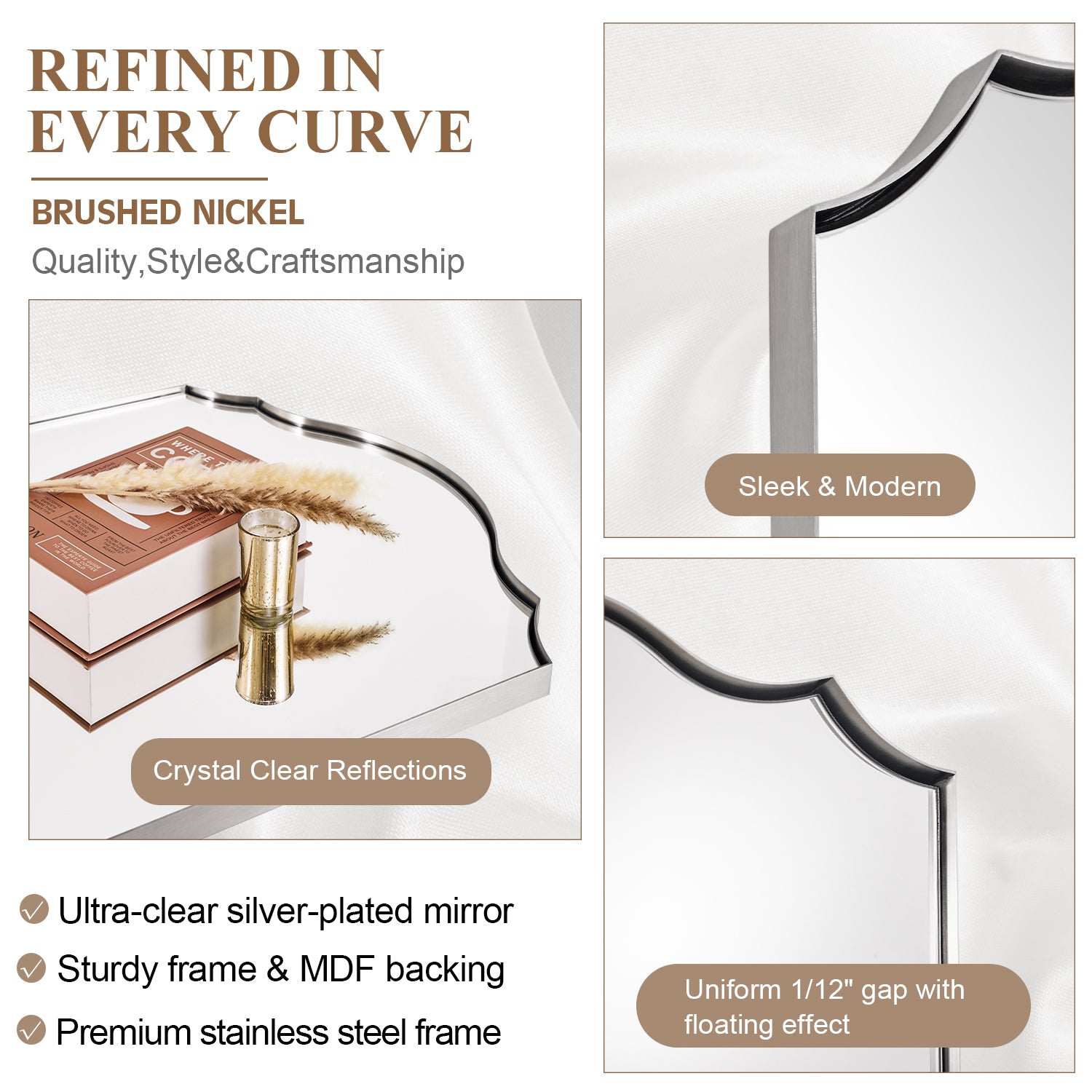 Contemporary Arched Curved Scalloped Mirror Bathroom Vanity Mirror | Stainless Steel Frame