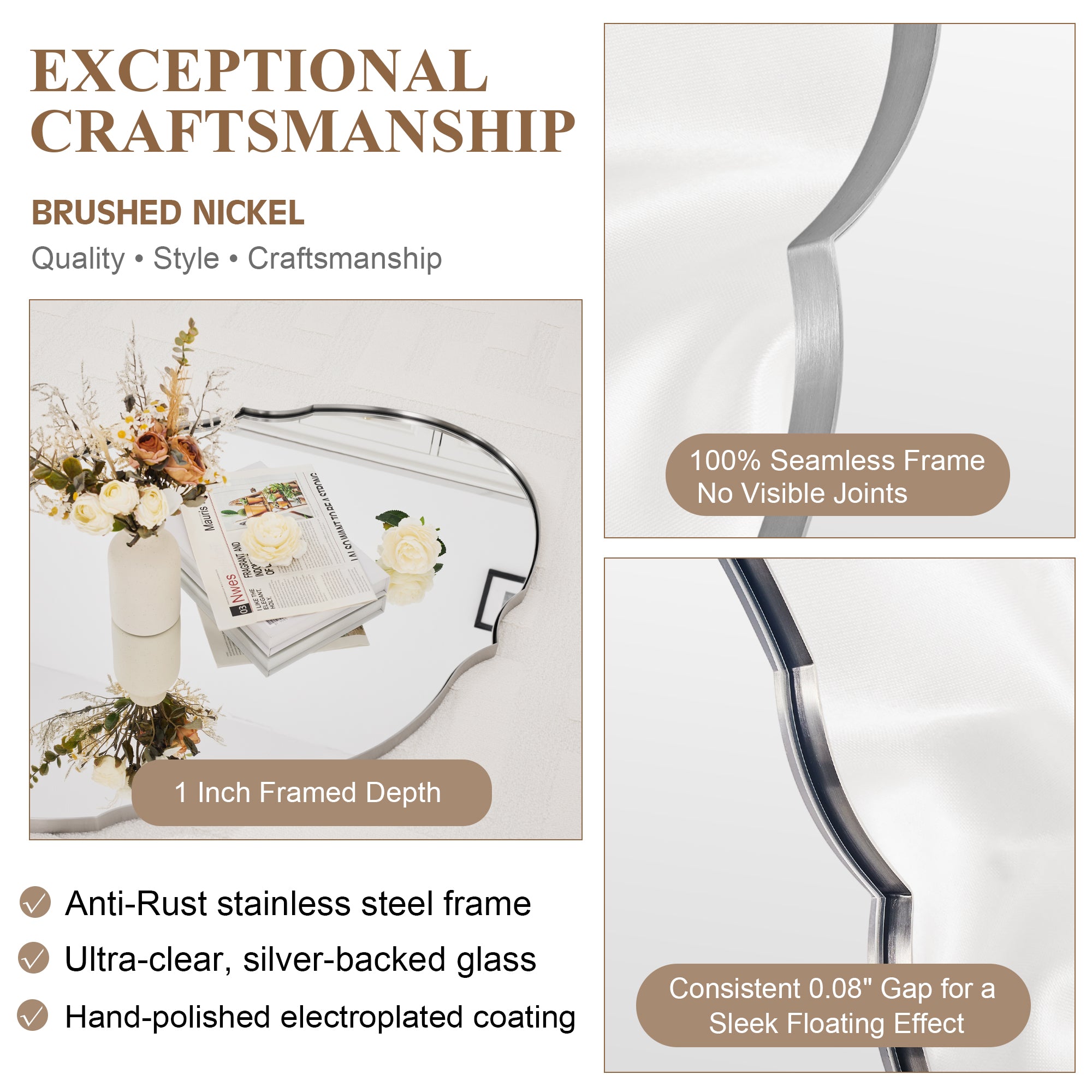 Contemporary Oval Scalloped Wall Mirror Irregular Bathroom Vanity Mirror| Stainless Steel Frame