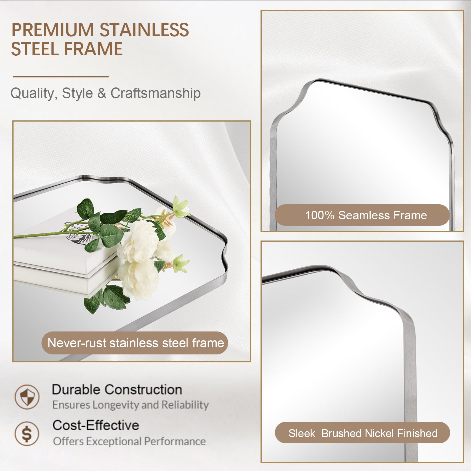 Contemporary Notched Corner Rectangle Scalloped Mirror for Wall /Bathroom | Stainless Steel Frame