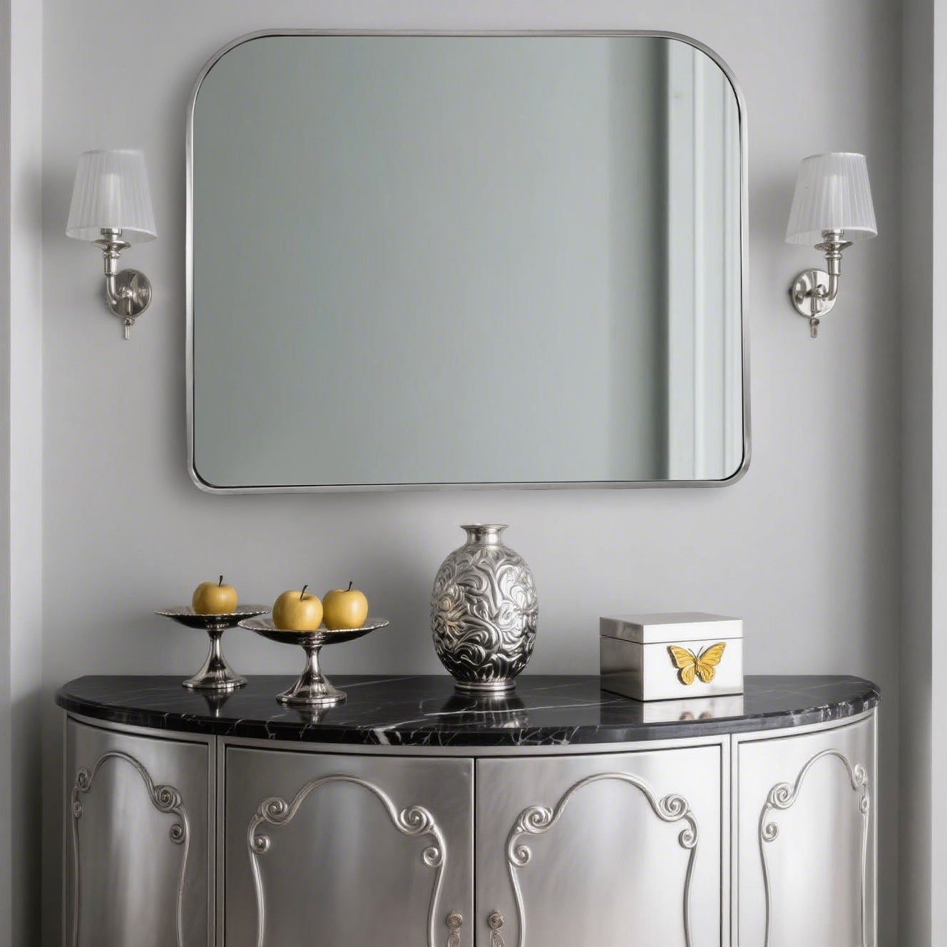 Anthropology Bold-Frame Wide Arch Mantel Mirror Bathroom Vanity Mirror ,Over the Fireplace | Stainless Steel Frame
