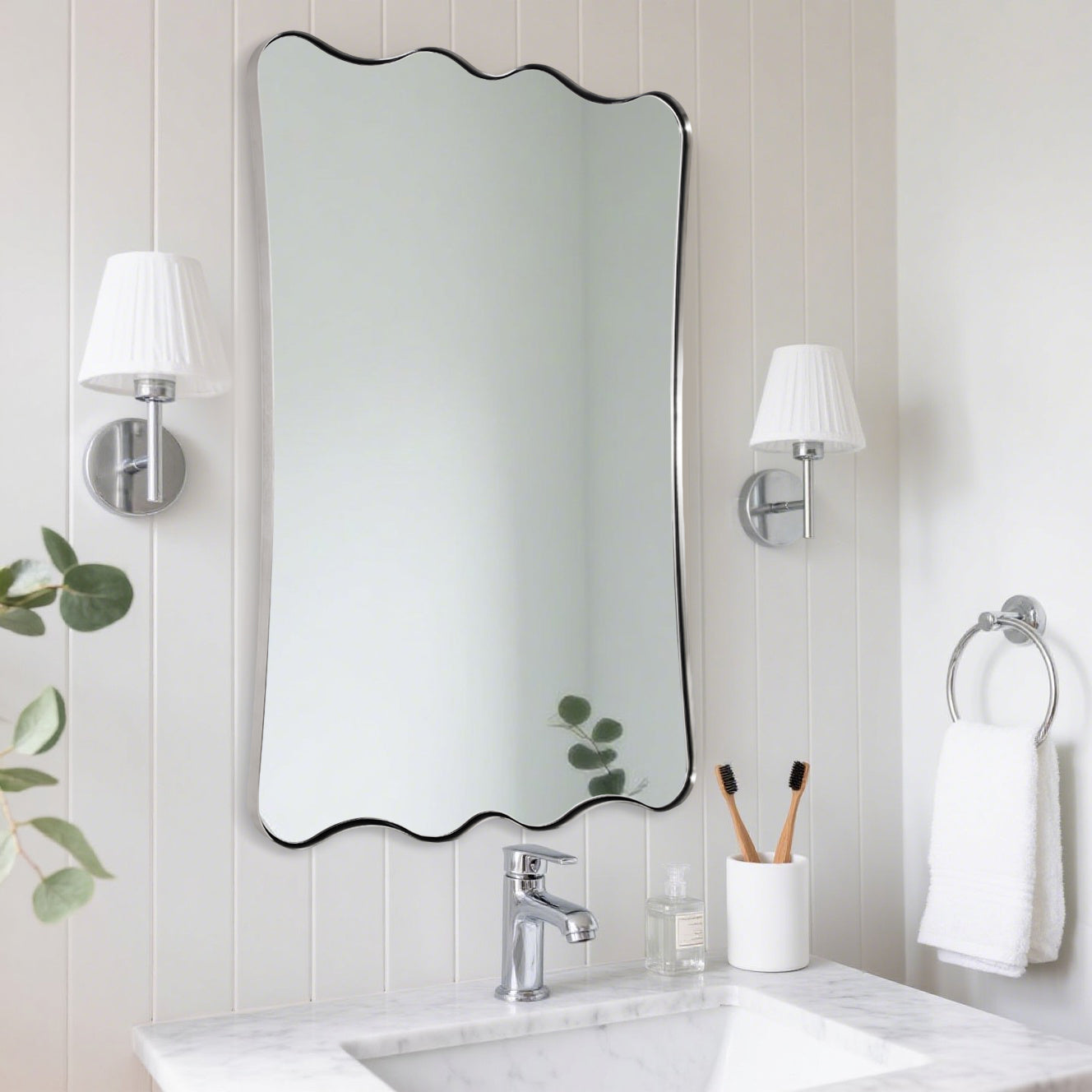 Contemporary Wavy Scalloped Rectangle Mirror Decorative Bathroom Mirror | Stainless Steel Frame