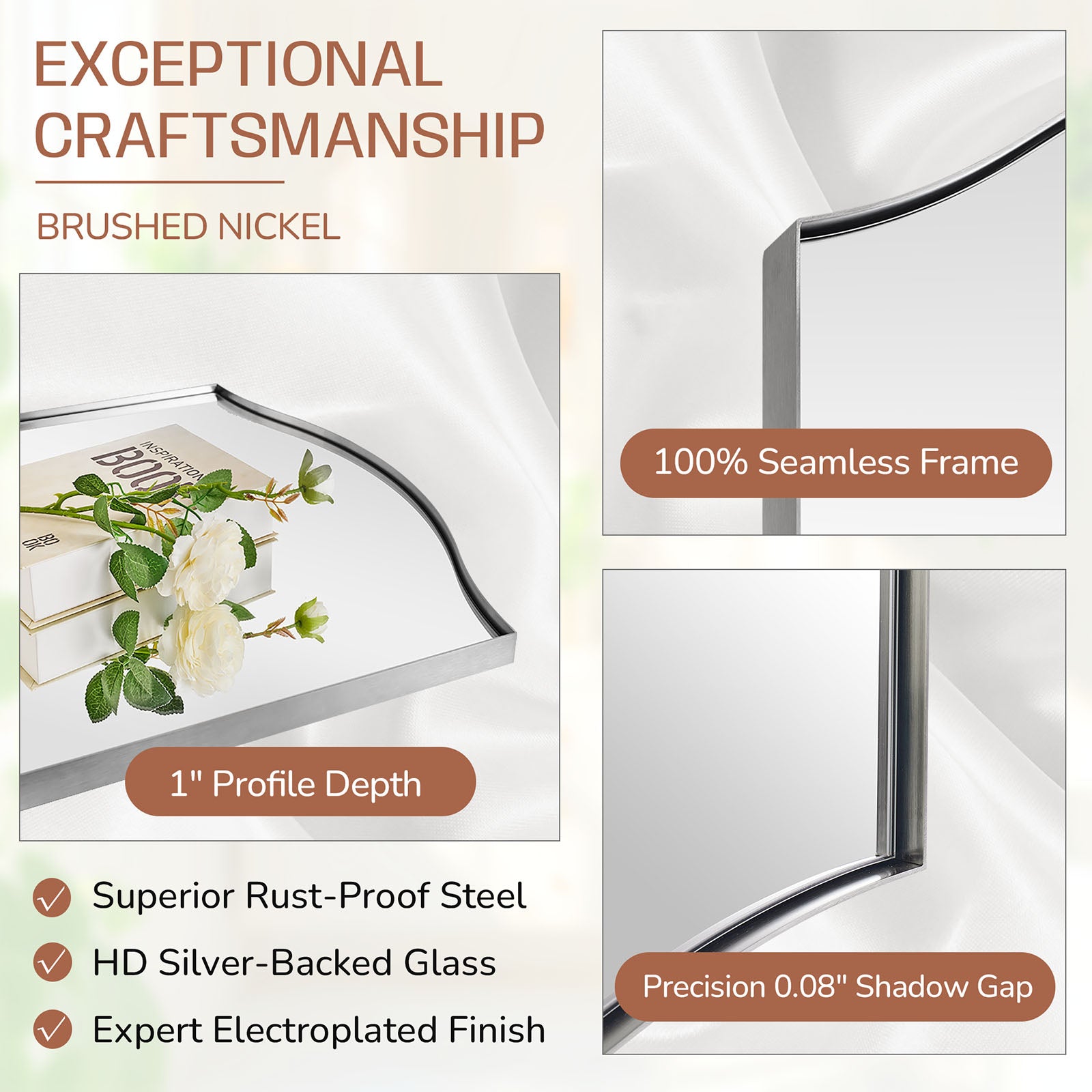 Dual Curve Arch Rectangular Scalloped Bathroom Wall Mirror |Stainless Steel Framed