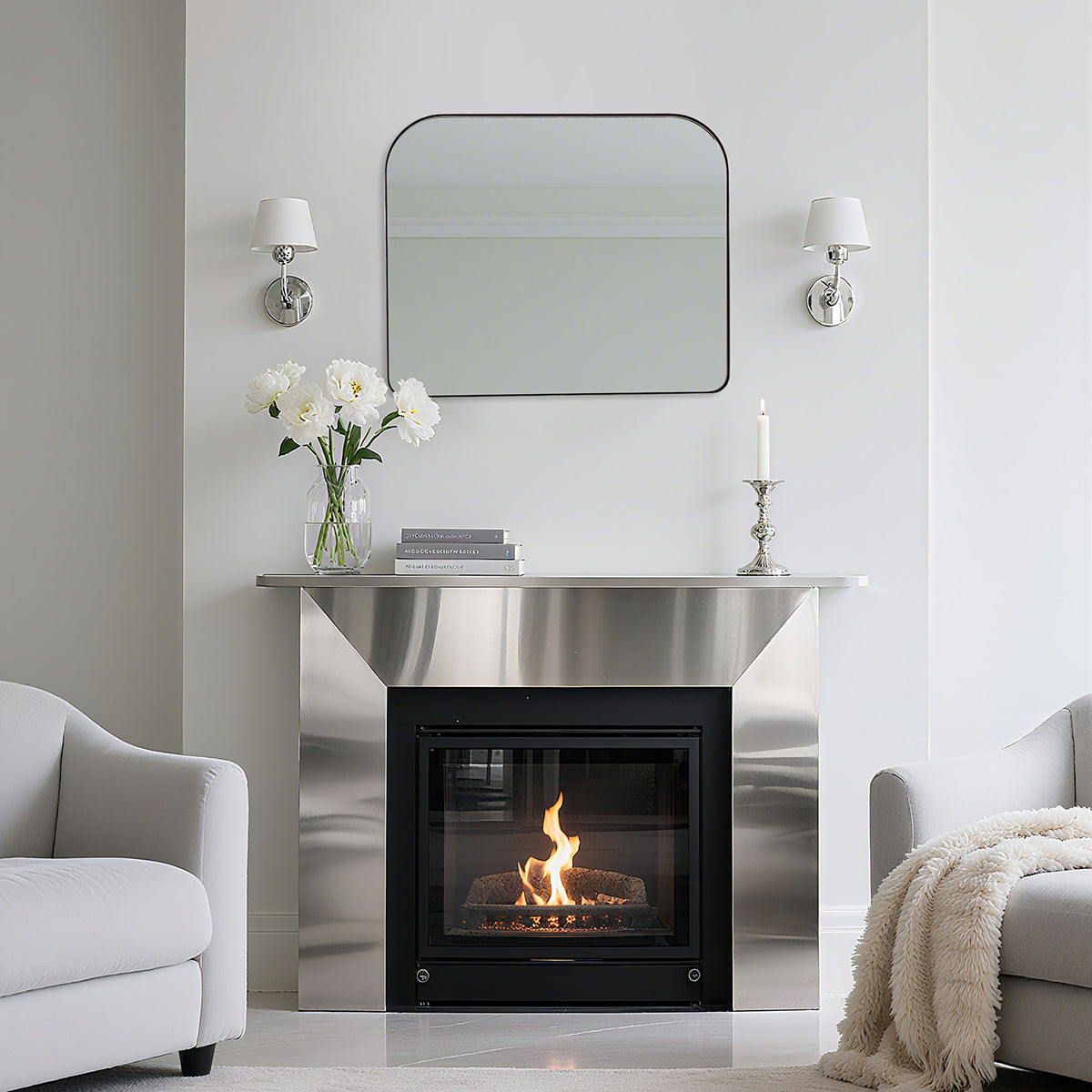 Modern Mantel Wide Arch Rectangle Bathroom Vanity Mirror | Stainless Steel Frame