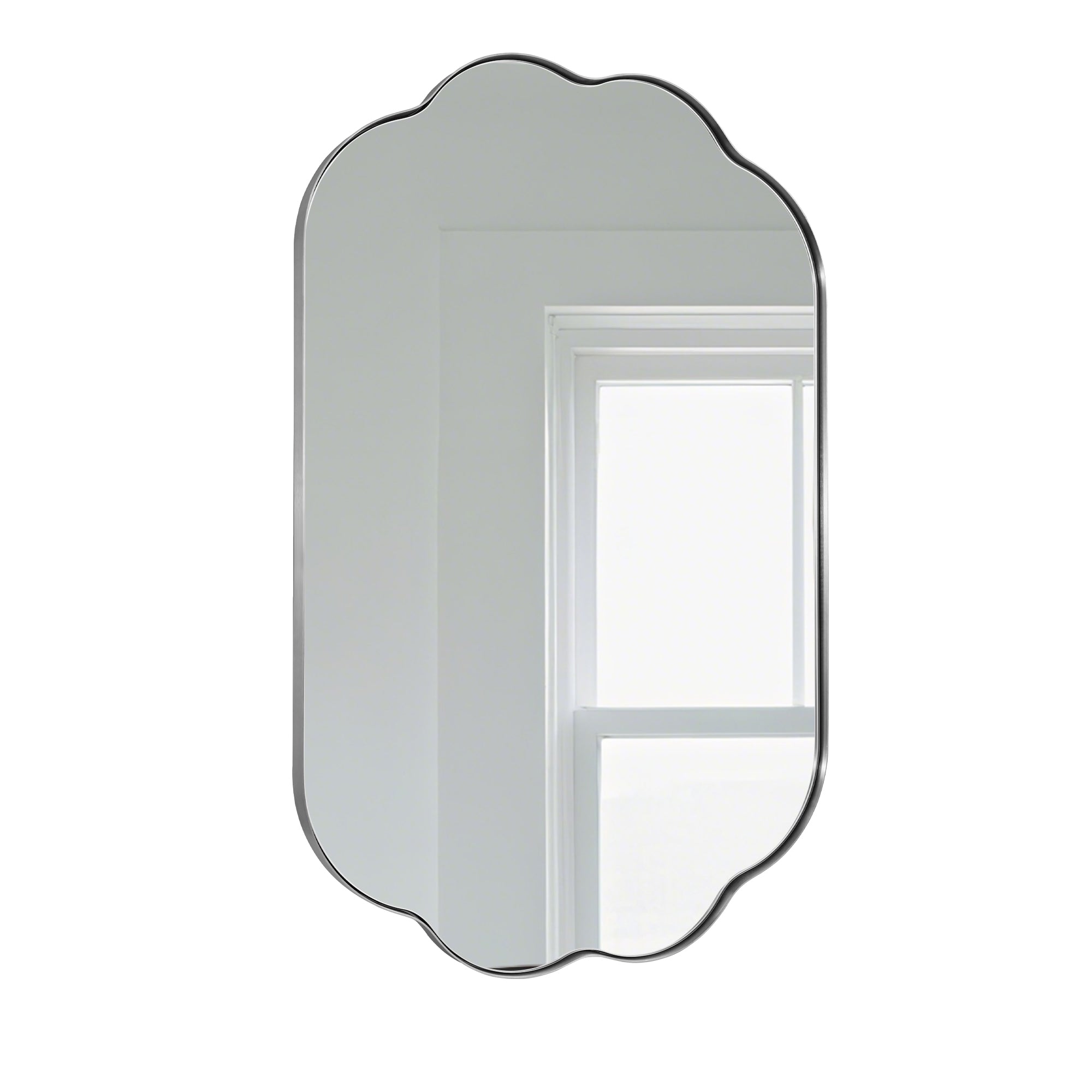 Contemporary Pill Shaped Long Oval Scalloped Bathroom Vanity Wall Mirror| Stainless Steel Framed