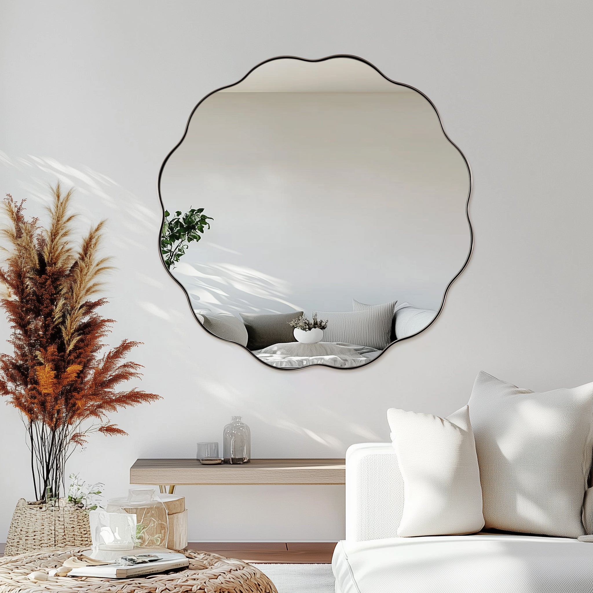 Contemporary Round Scalloped Mirror Wavy Circle Bathroom Vanity Mirror | Stainless Steel Frame