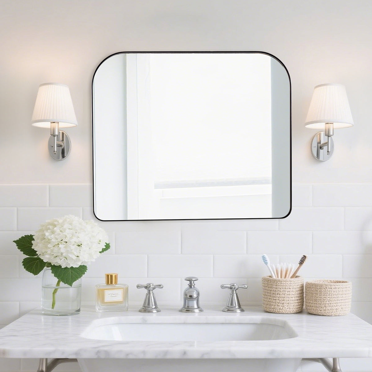 Modern Mantel Wide Arch Rectangle Bathroom Vanity Mirror | Stainless Steel Frame