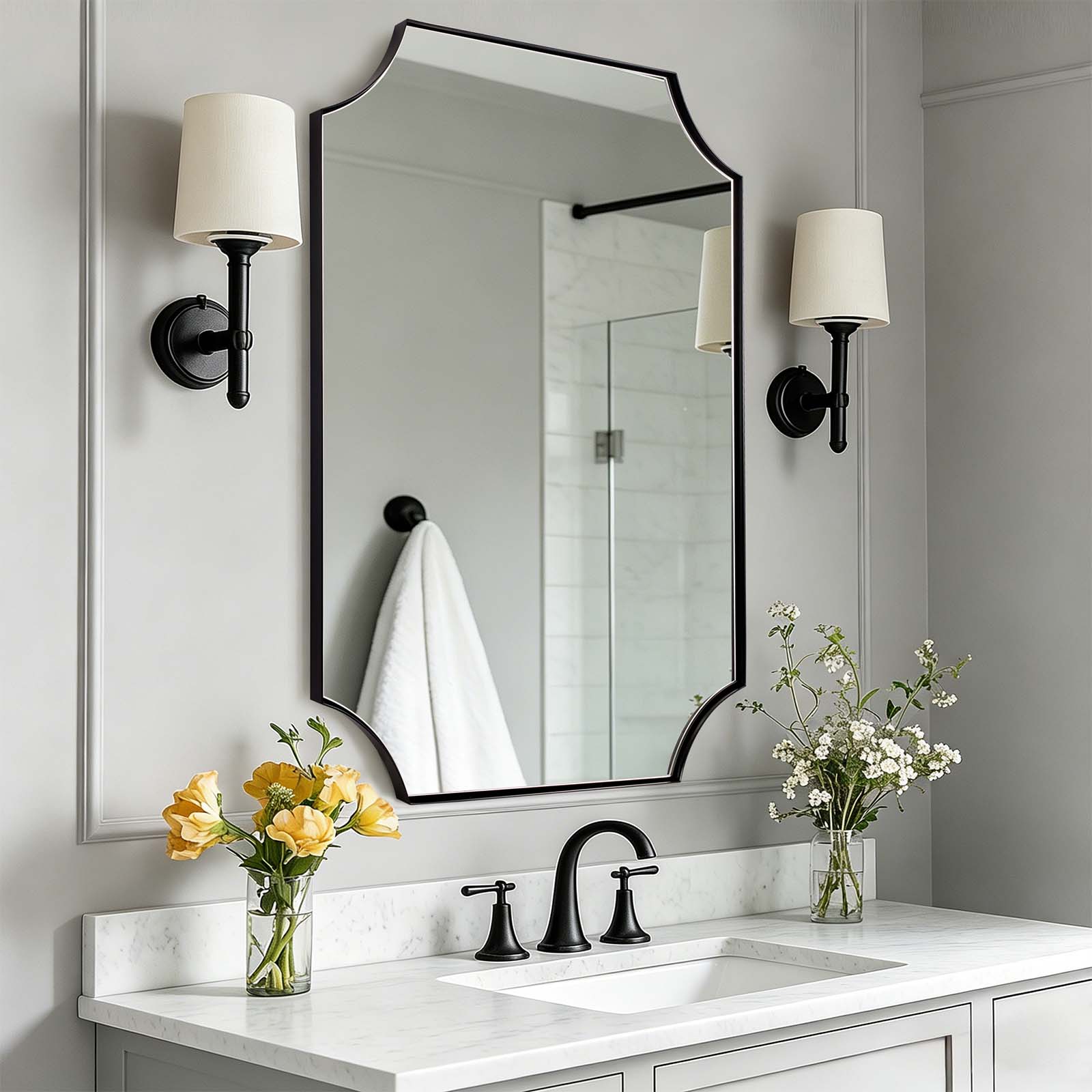 Contemporary Notched Corner Scalloped Rectangle Bathroom Vanity Mirror | Stainless Steel Frame