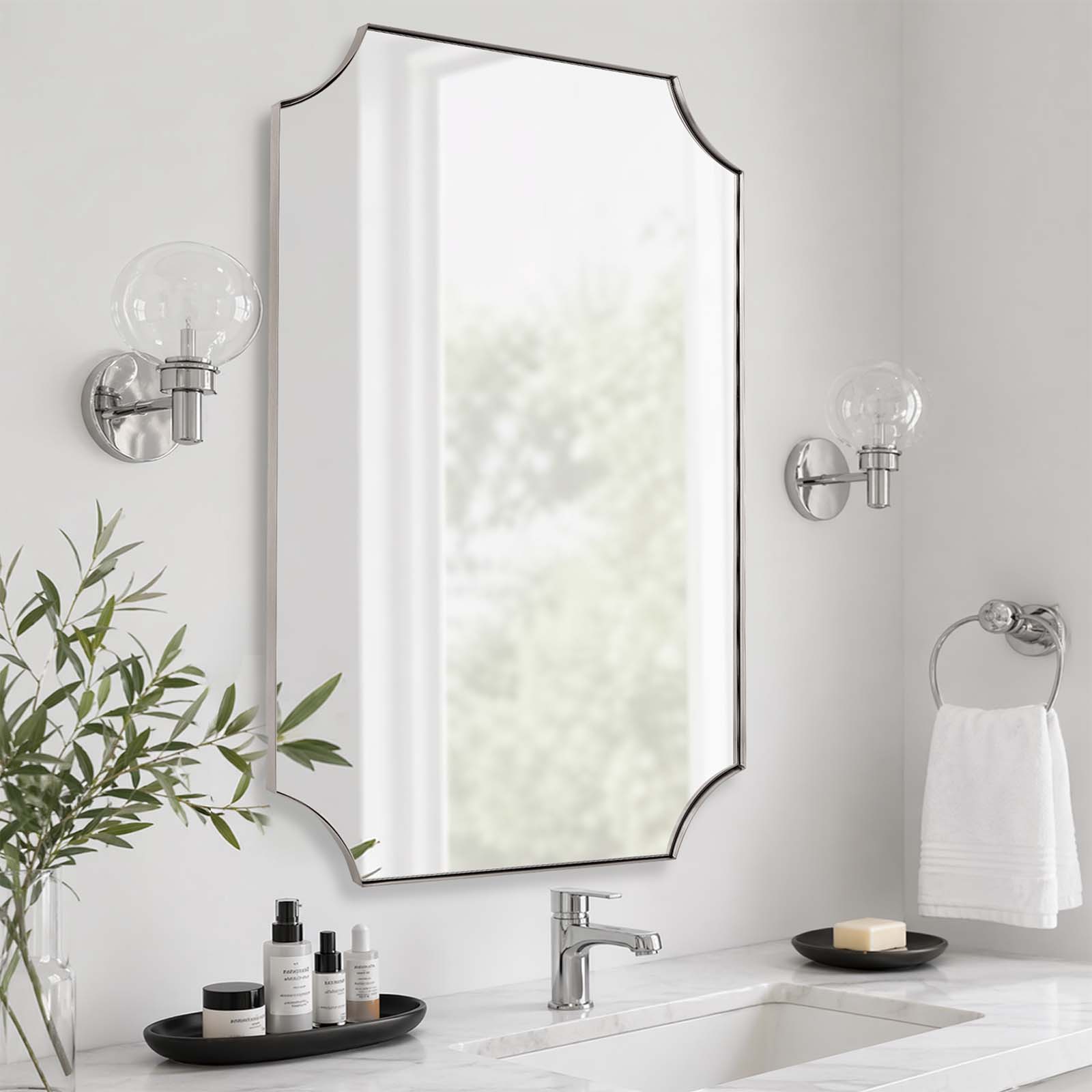 Contemporary Notched Corner Scalloped Rectangle Bathroom Vanity Mirror | Stainless Steel Frame