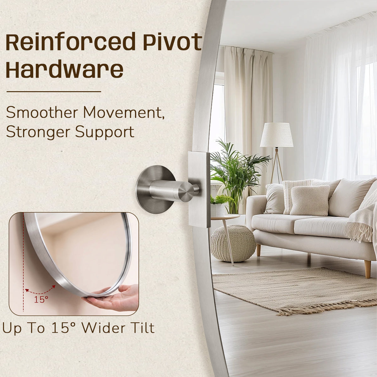 Oval Pivot Mirrors Adjustable Tilting Angle Floating Bathroom Mirror| Stainless Steel Framed