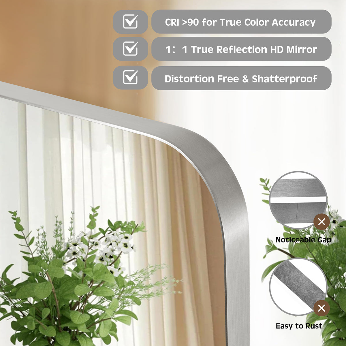 Modern Oblong Bathroom Mirror Long Oval Mirror | Stainless Steel Frame