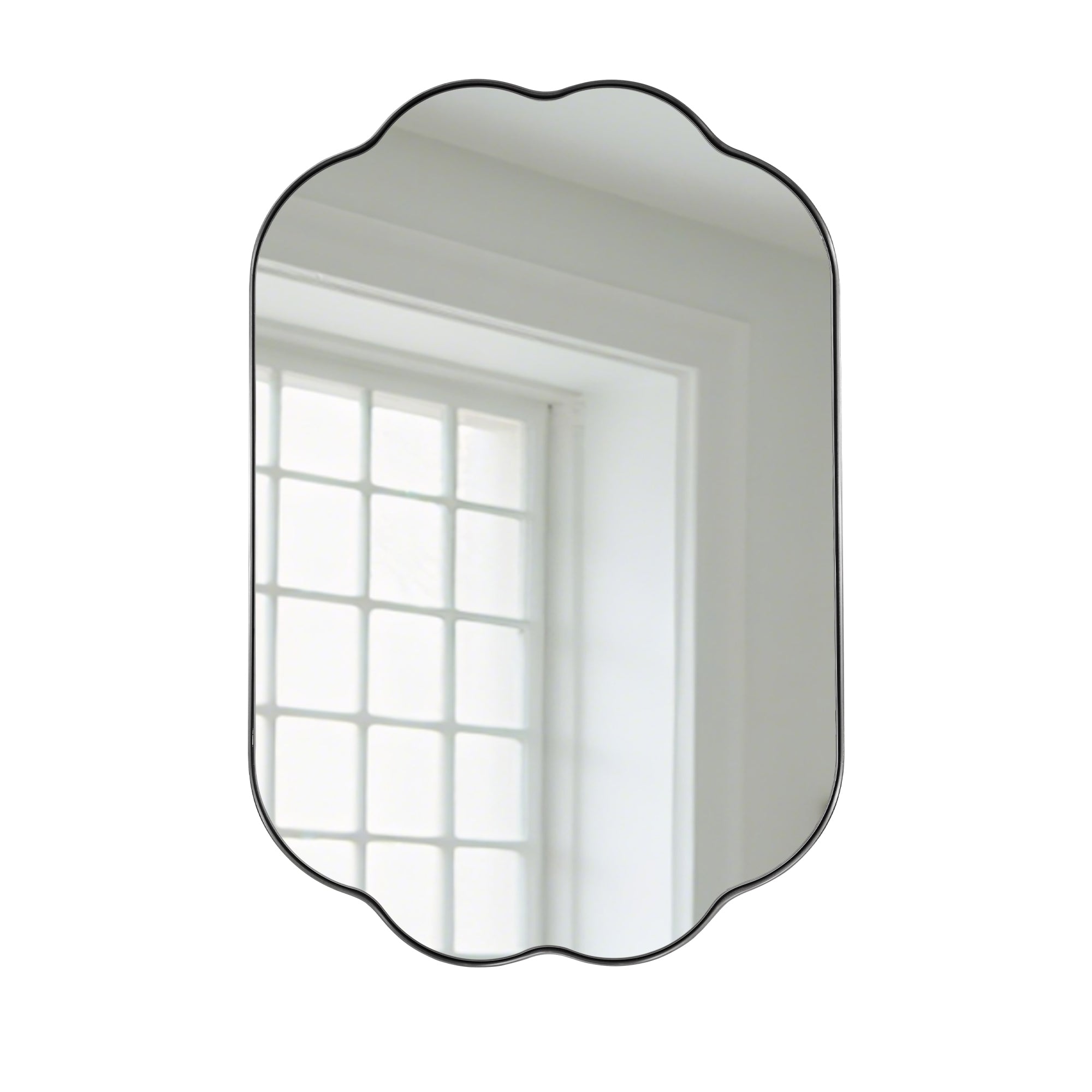 Contemporary Pill Shaped Long Oval Scalloped Bathroom Vanity Wall Mirror| Stainless Steel Framed