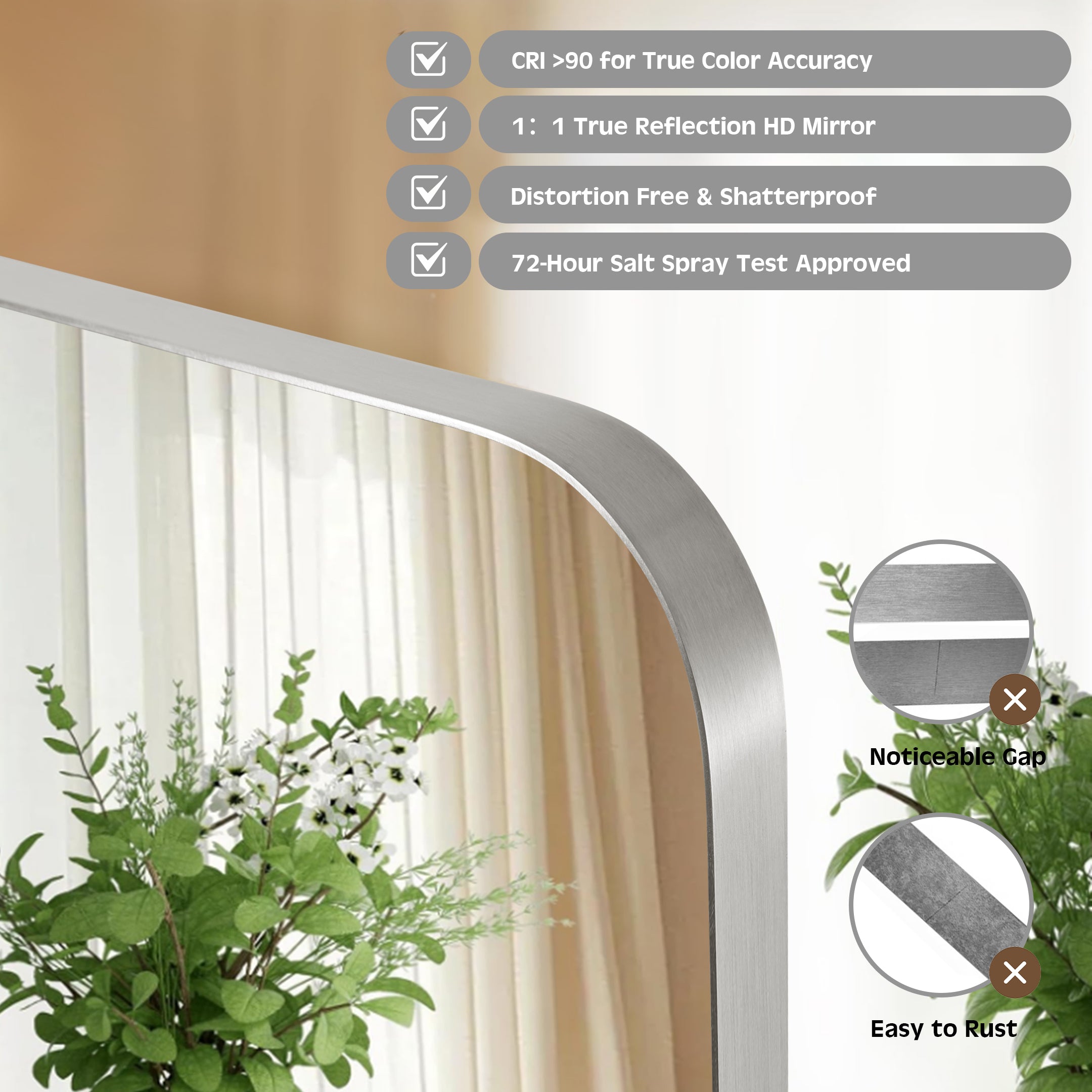 Modern Rounded Rectangle Mirror for Bathroom/ Vanity/ Wall | Stainless Steel Frame