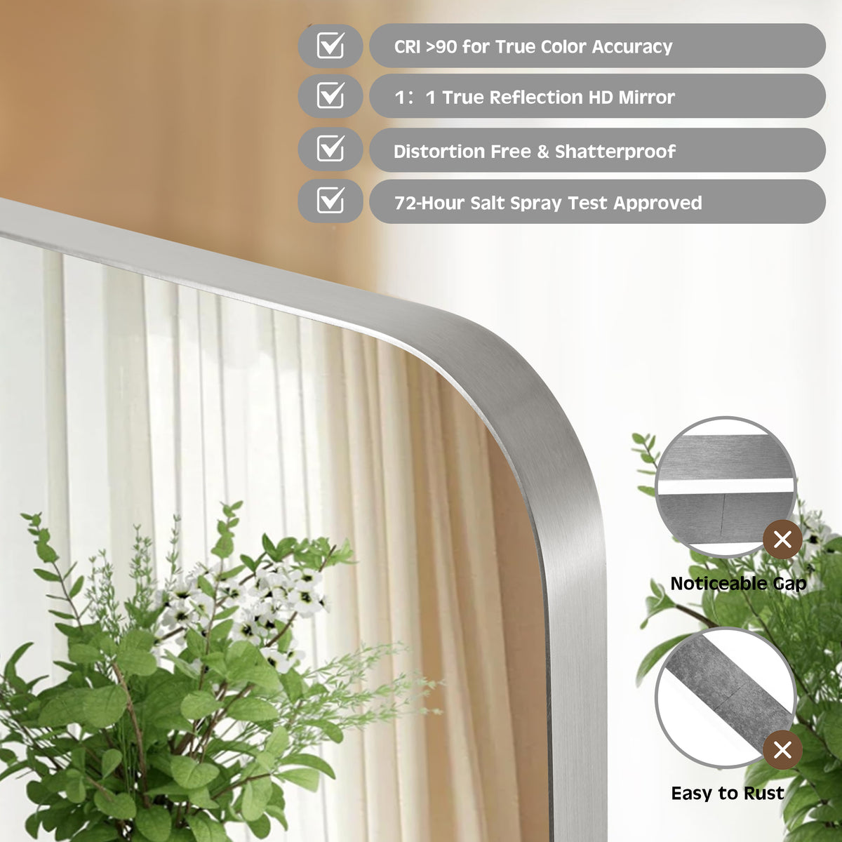 Modern Rounded Rectangle Mirror for Bathroom/ Vanity/ Wall | Stainless Steel Frame
