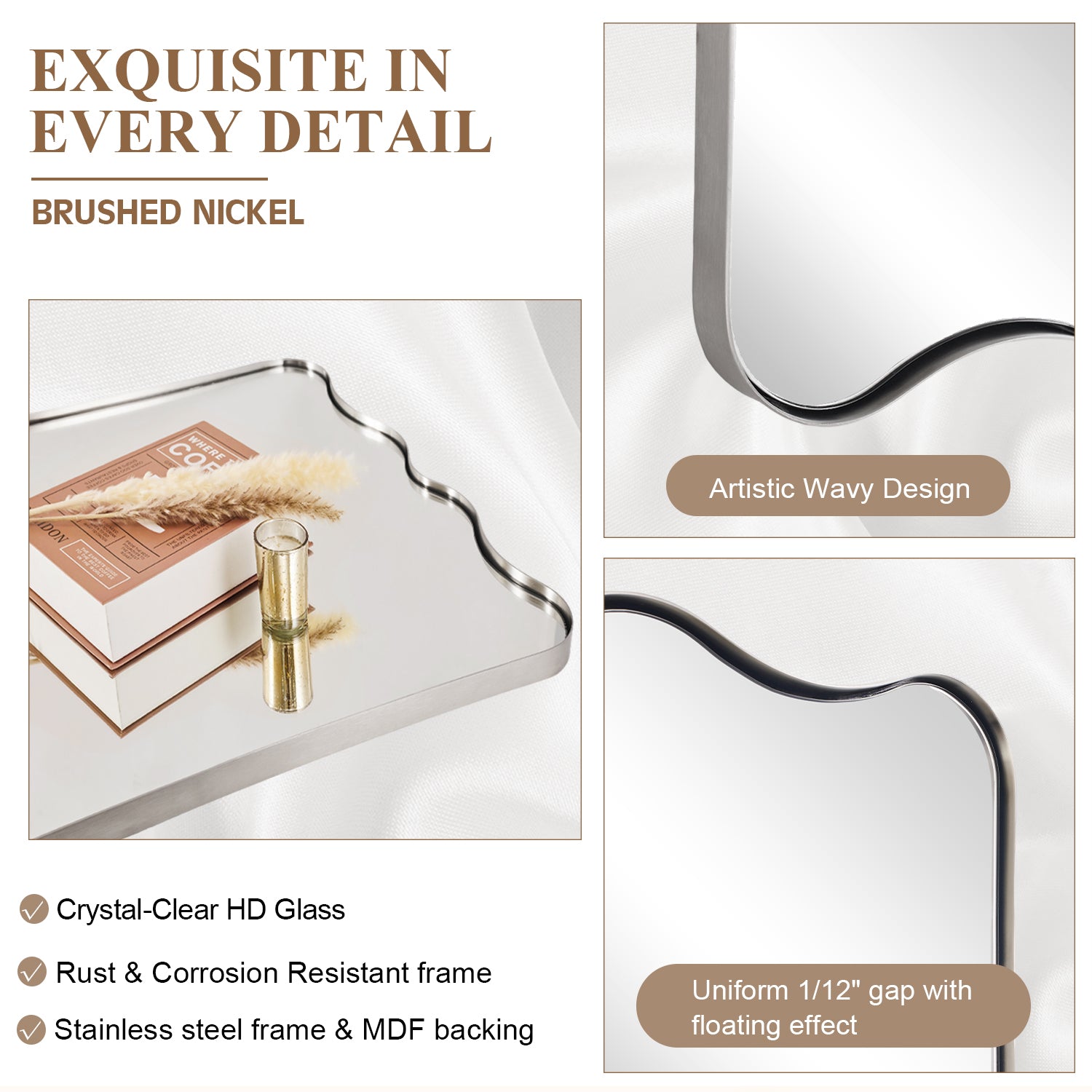 Contemporary Wavy Scalloped Rectangle Mirror Decorative Bathroom Mirror | Stainless Steel Frame