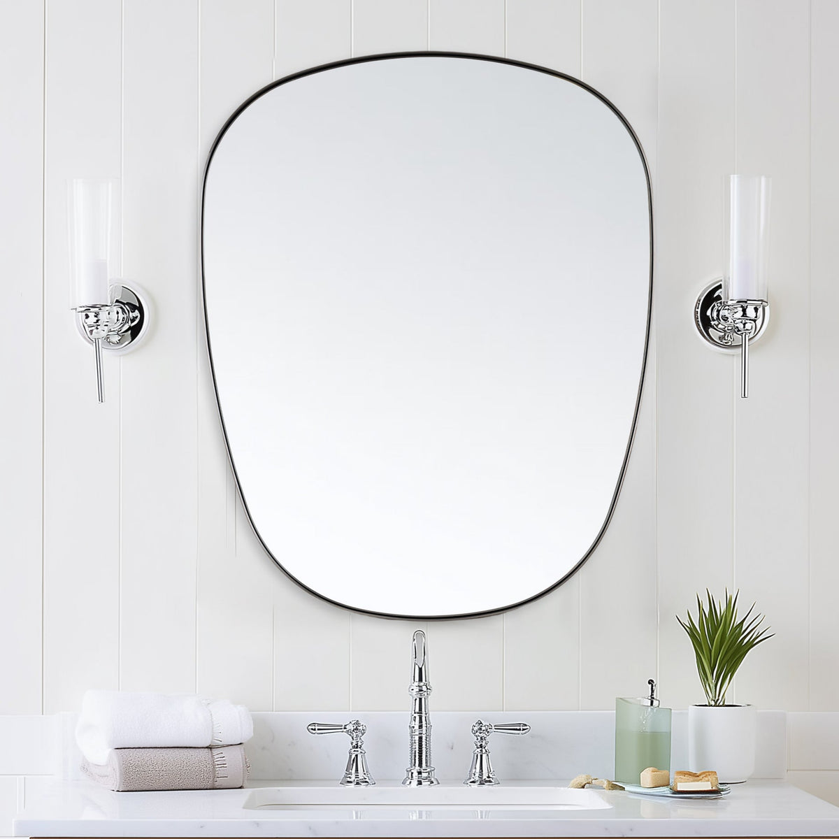 Contemporary Irregular Pebble Organic Bathroom Wall Mirror Asymmetric Decorative Mirror | Stainless Steel Frame
