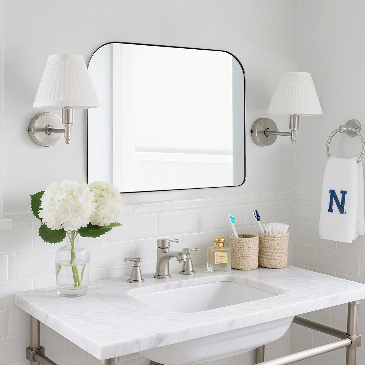Modern Mantel Wide Arch Rectangle Bathroom Vanity Mirror | Stainless Steel Frame