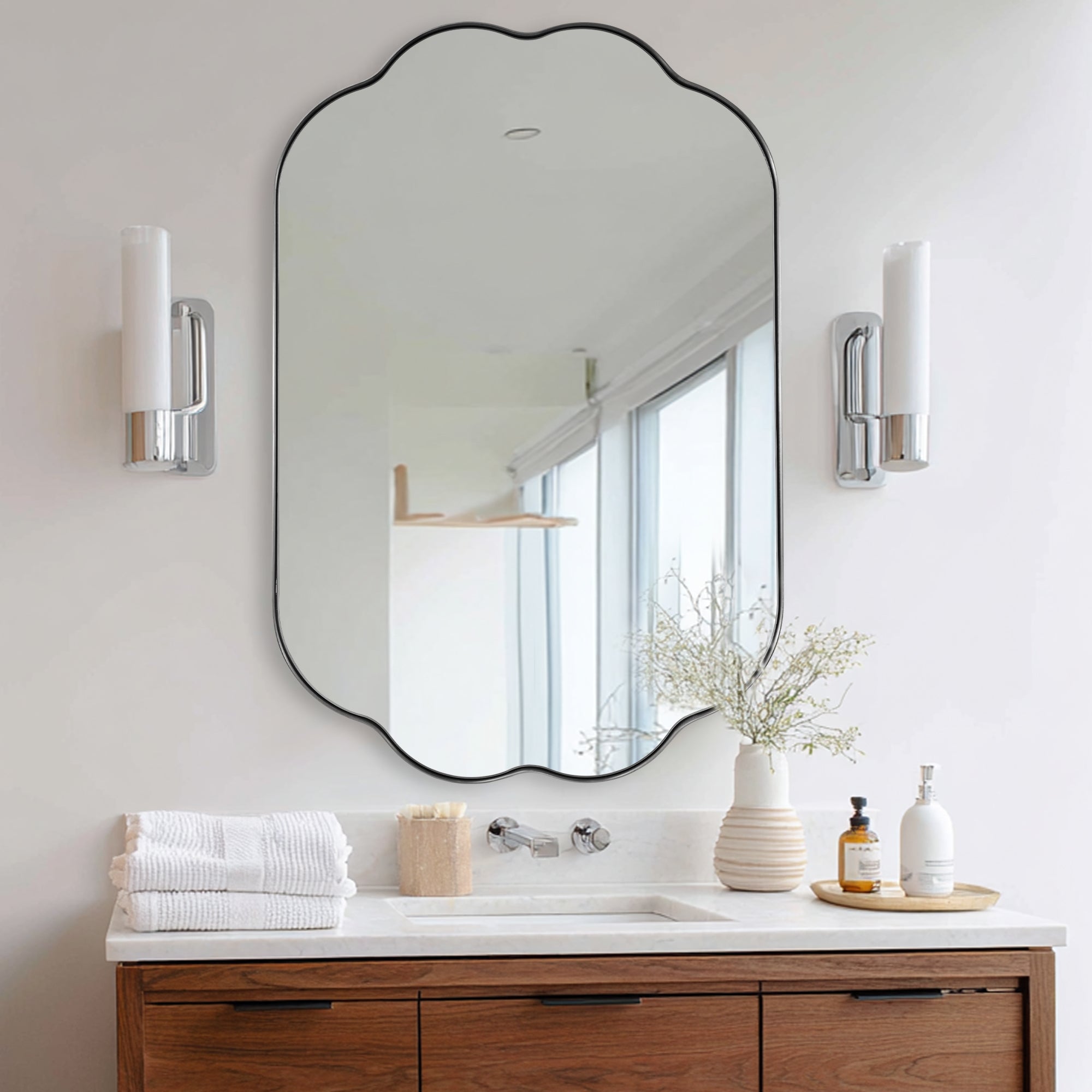 Contemporary Pill Shaped Long Oval Scalloped Bathroom Vanity Wall Mirror| Stainless Steel Framed