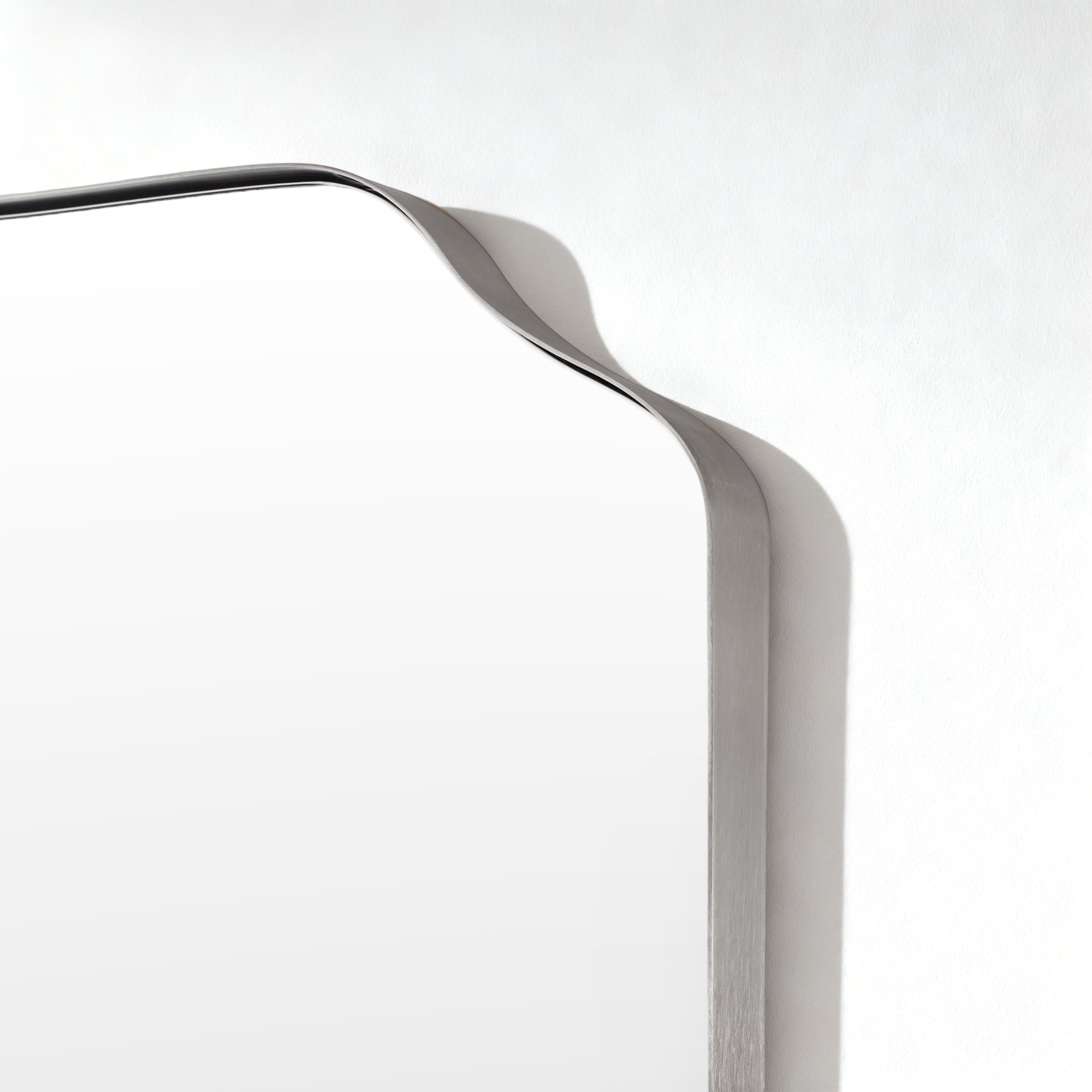 Modern Top Notched Corner Scalloped Bathroom Rectangle Vanity Wall Mirror | Stainless Steel Frame