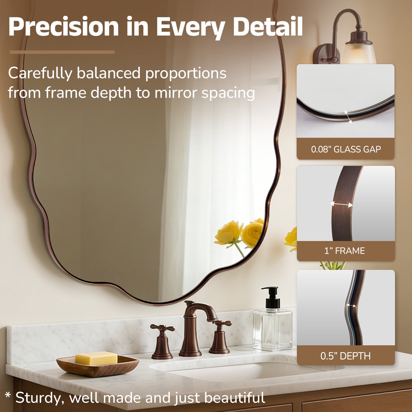 Contemporary Wavy Oval Scalloped Bathroom Vanity Mirror Irregular Organic Mirror| Stainless Steel Framed
