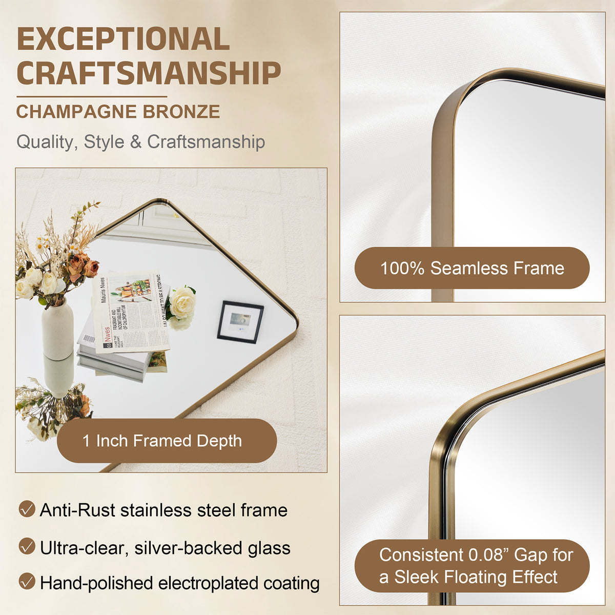 Modern Rounded Rectangle Mirror for Bathroom/ Vanity/ Wall | Stainless Steel Frame