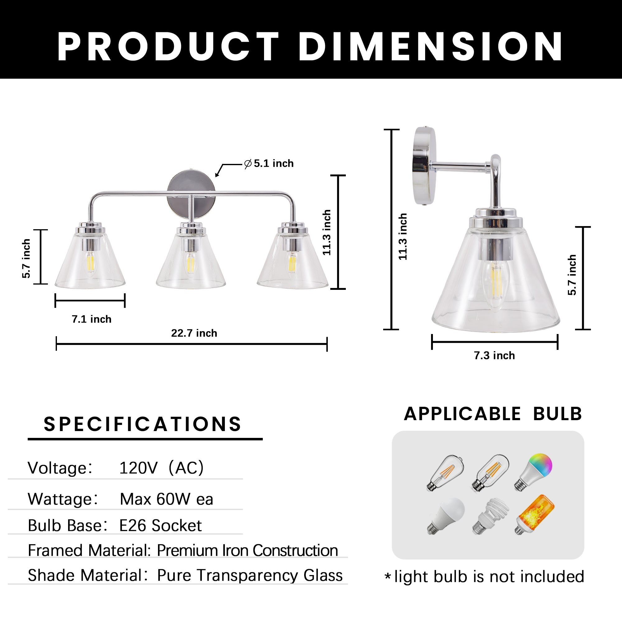 Modern Cone Clear Glass Shade Bathroom Wall Sconces