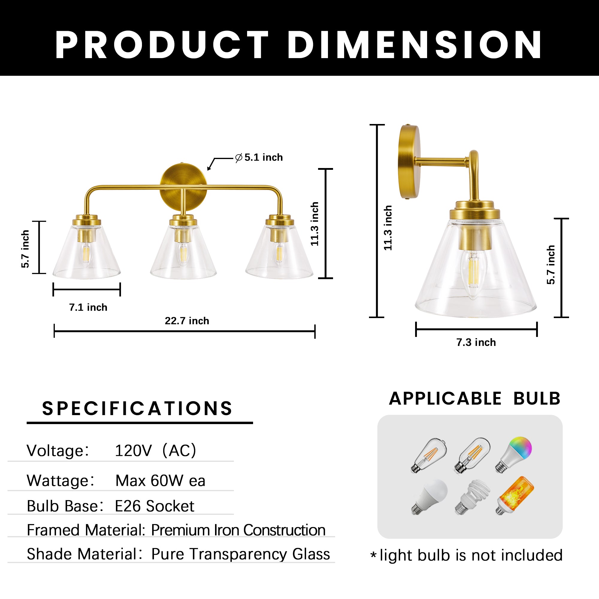 Modern Cone Clear Glass Shade Bathroom Wall Sconces