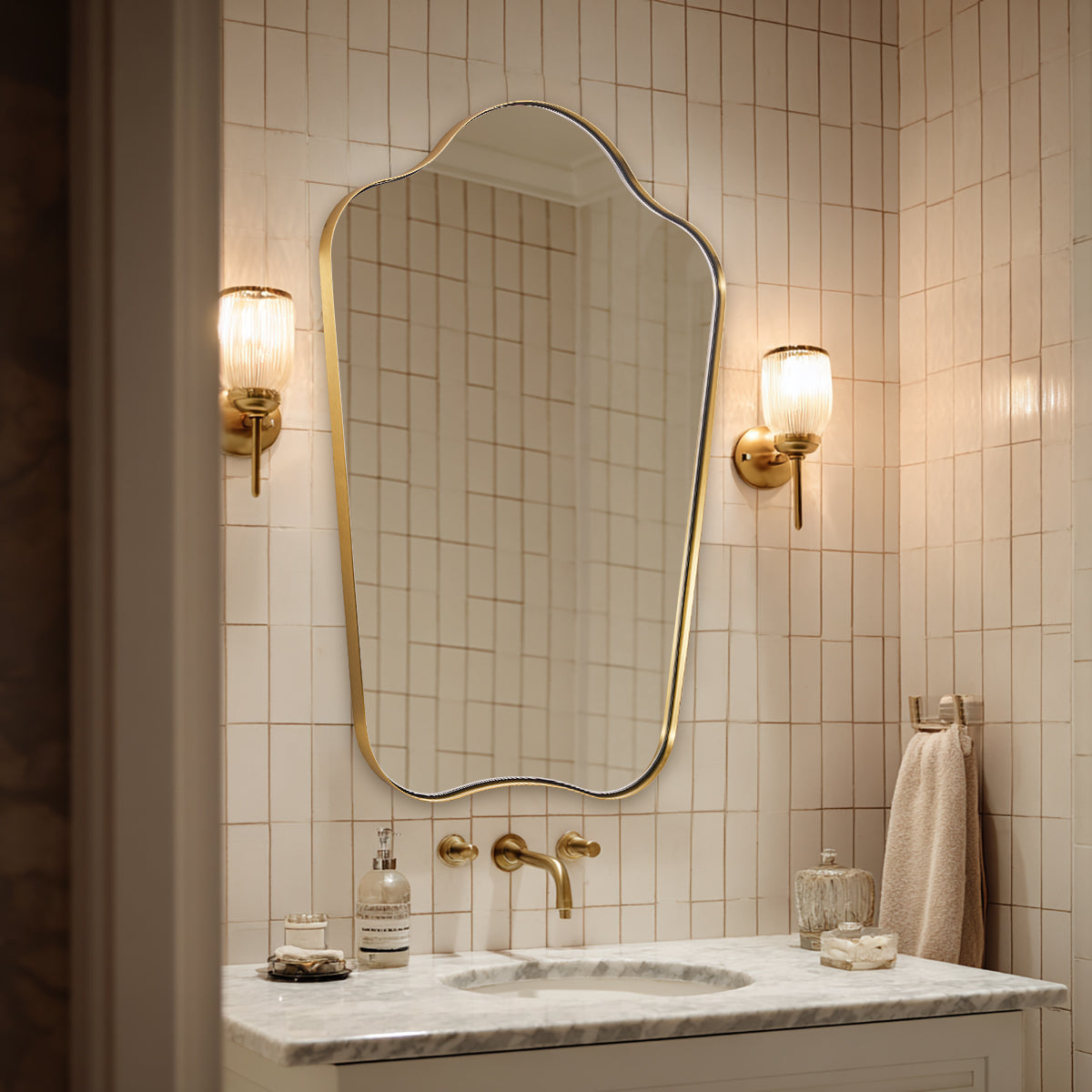 Contemporary Dual Arch Wall Mirror Irregular Scalloped Bathroom Mirror | Stainless Steel Frame